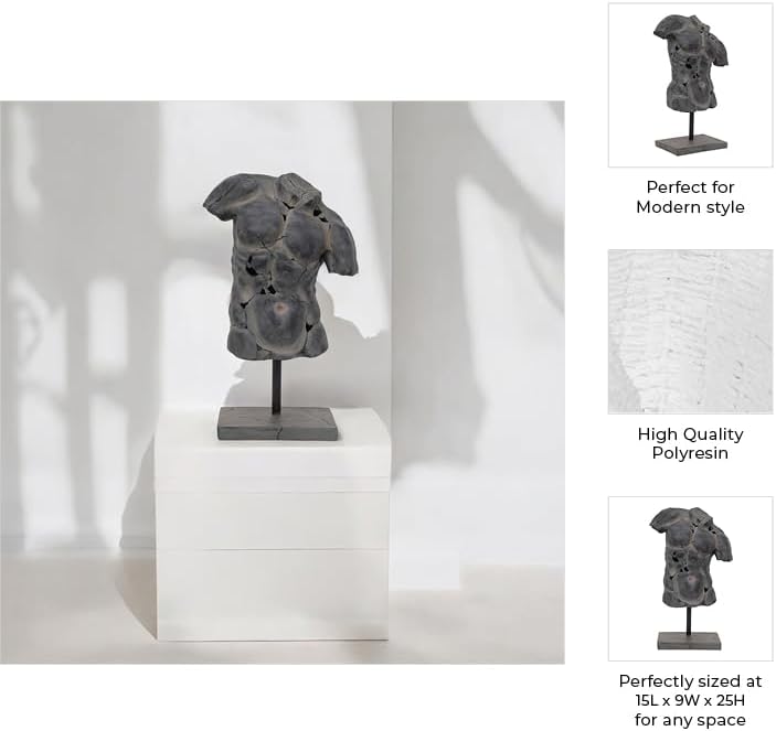 Sagebrook Home Modern Cracked Male Torso Sculpture Resin Statue with Textured Black Finish Artistic Home Decor for Living Room, Office, or Entryway 15x9x25