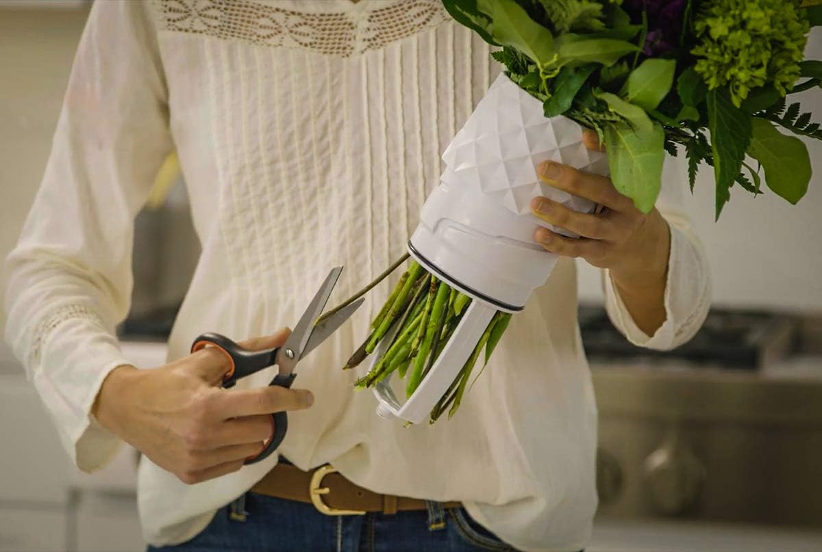 The Amaranth Vase - Unique Design for Easy Water Draining and Stem Access - Impact Resistant Plastic and Marble Blend - The Smart Vase for Floral Arrangements (White)