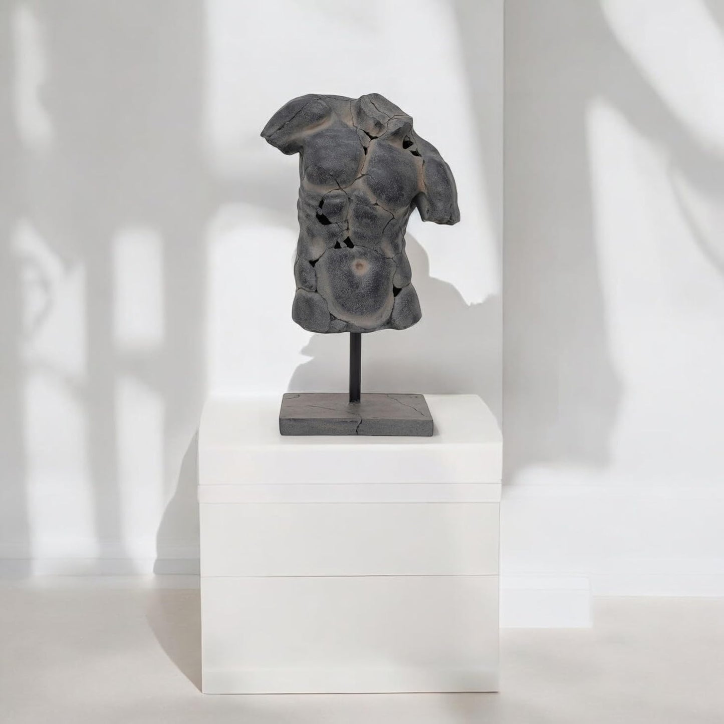 Sagebrook Home Modern Cracked Male Torso Sculpture Resin Statue with Textured Black Finish Artistic Home Decor for Living Room, Office, or Entryway 15x9x25