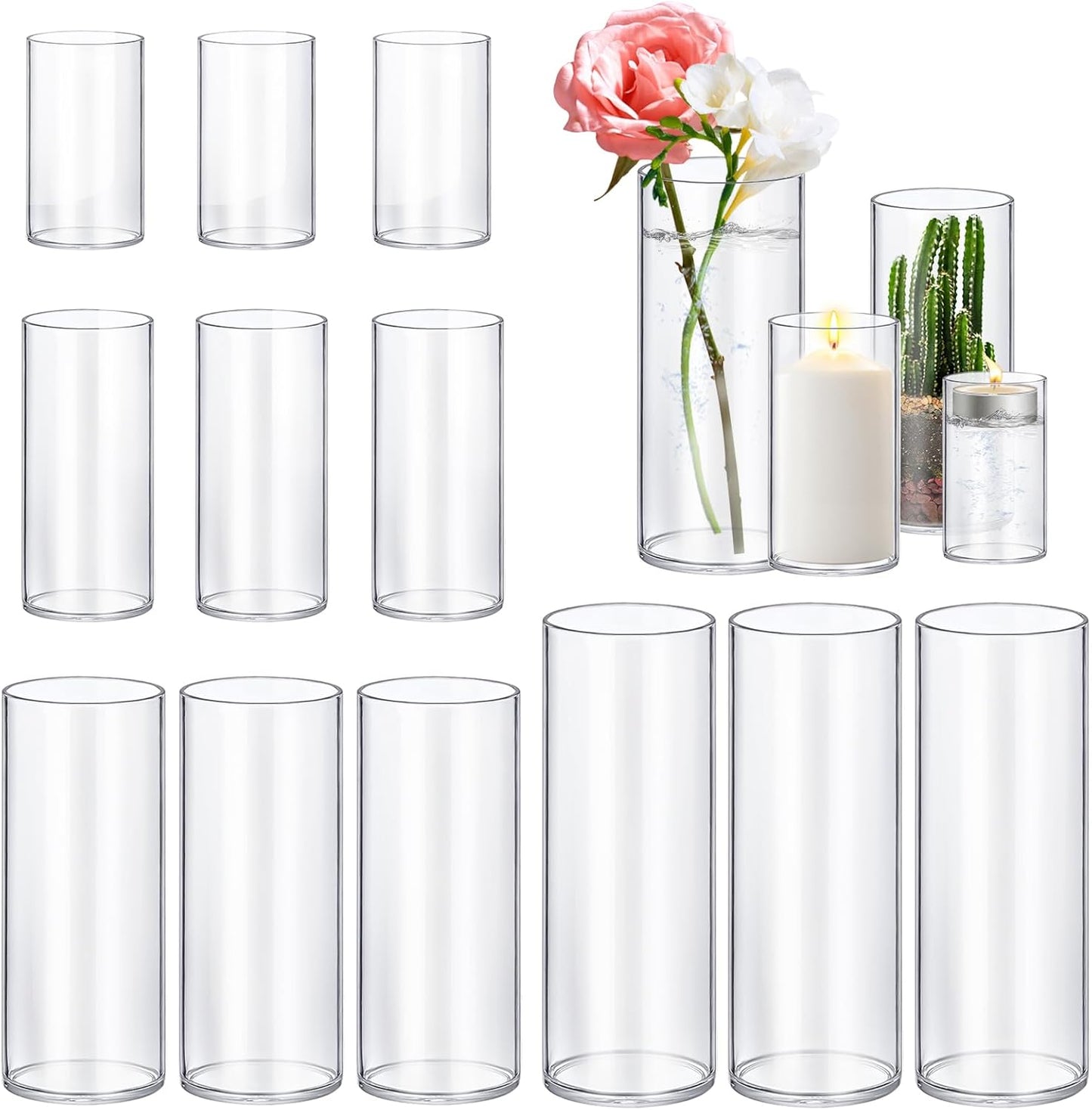 16 Pack Glass Cylinder Vases 4,6,8,10 Inch Tall Clear Flower Vase Hurricane Floating Candle Holder for Table Centerpiece Wedding Home Decor