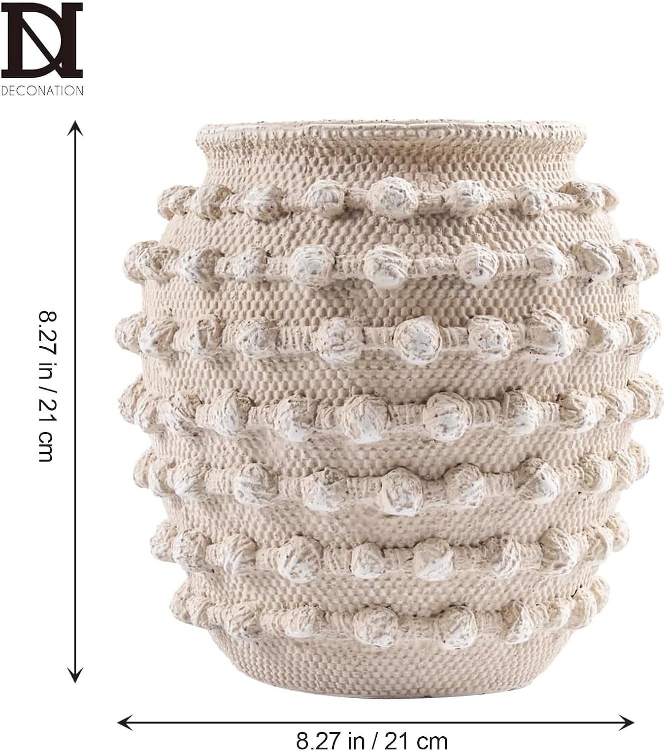 DN DECONATION Beige Rustic Farmhouse Vase, 8.2 Inch Textured Boho Vase for Home Decor, Cement Decorative Flower Vases with Rope Knots for Living Room, Table Centerpiece, Shelf, Mantel Decoration