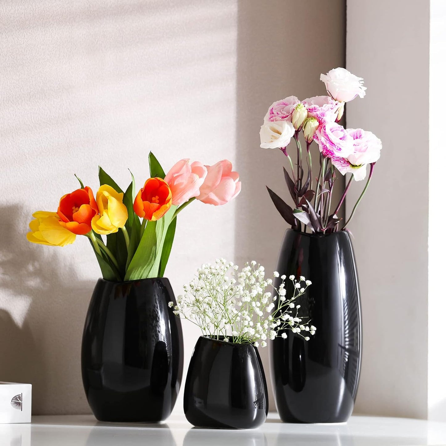 hjn Ceramic Vase Set of 3 White Flower Vase for Home Decor, Modern Decorative Vases for Flowers/Ideal Shelf Decor/Table/Living Room/Kitchen/Office-White