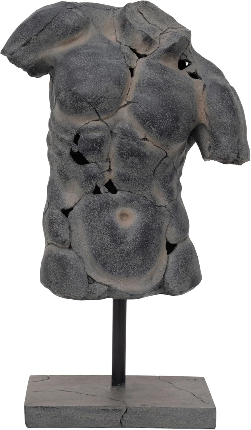Sagebrook Home Modern Cracked Male Torso Sculpture Resin Statue with Textured Black Finish Artistic Home Decor for Living Room, Office, or Entryway 15x9x25