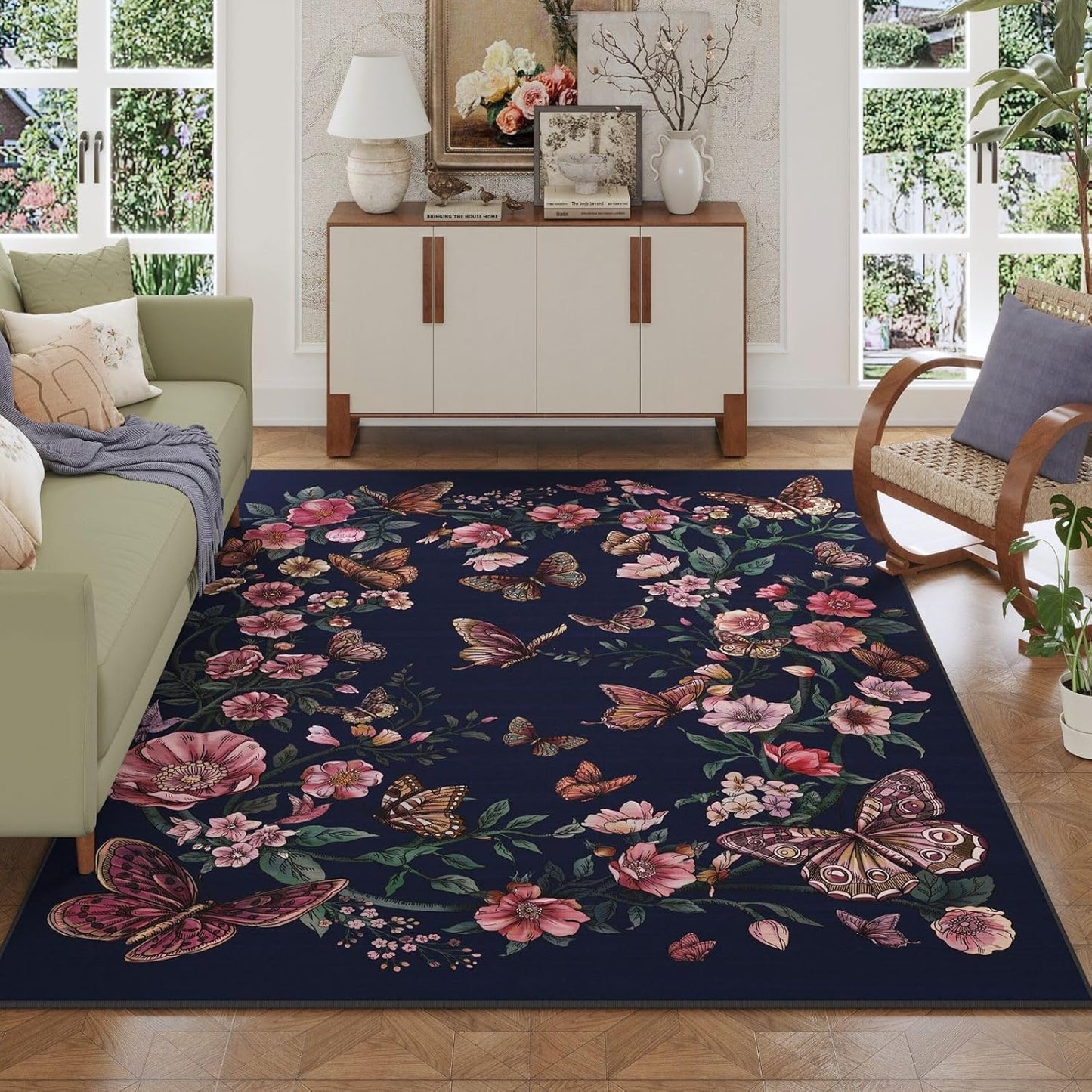 Runner Rug for Kitchen Rug Non Slip 2'6''x8' Washable Rugs with Rubber Backing Soft Floral Butterfly Carpet Runner for Kitchen Laundry Bedroom Bathroom, Black