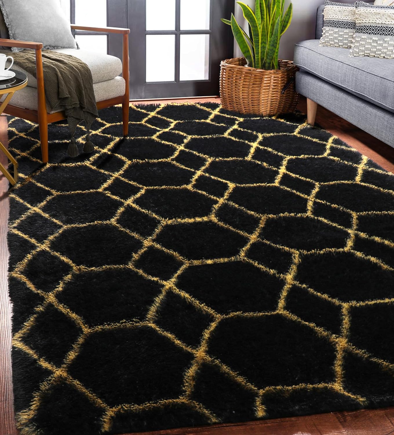 ONASAR 6x9 Area Rugs for Living Room Bedroom, Washable Large Fluffy Grey and Black Throw Rug, Geometric Soft Plush Shaggy Fuzzy Floor Carpet for Nursery Kids Girls Boys Teen Dorm Home Office Decor
