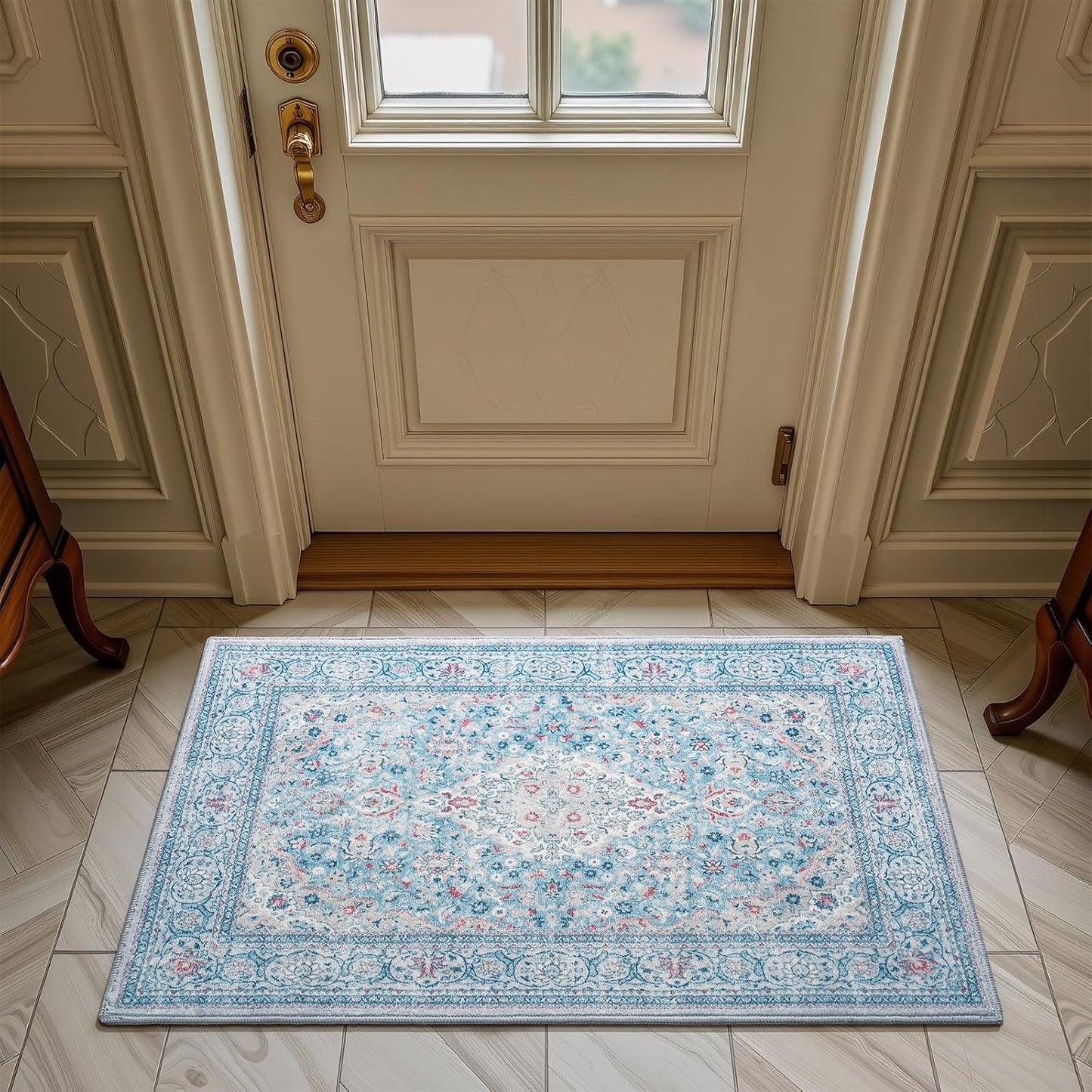 Washable Rug 4x6, Beige Area Rugs Non Slip, Indoor Low Pile Carpet with Rubber Backing for Living Room Kitchen Bathroom Entryway Office Bedroom