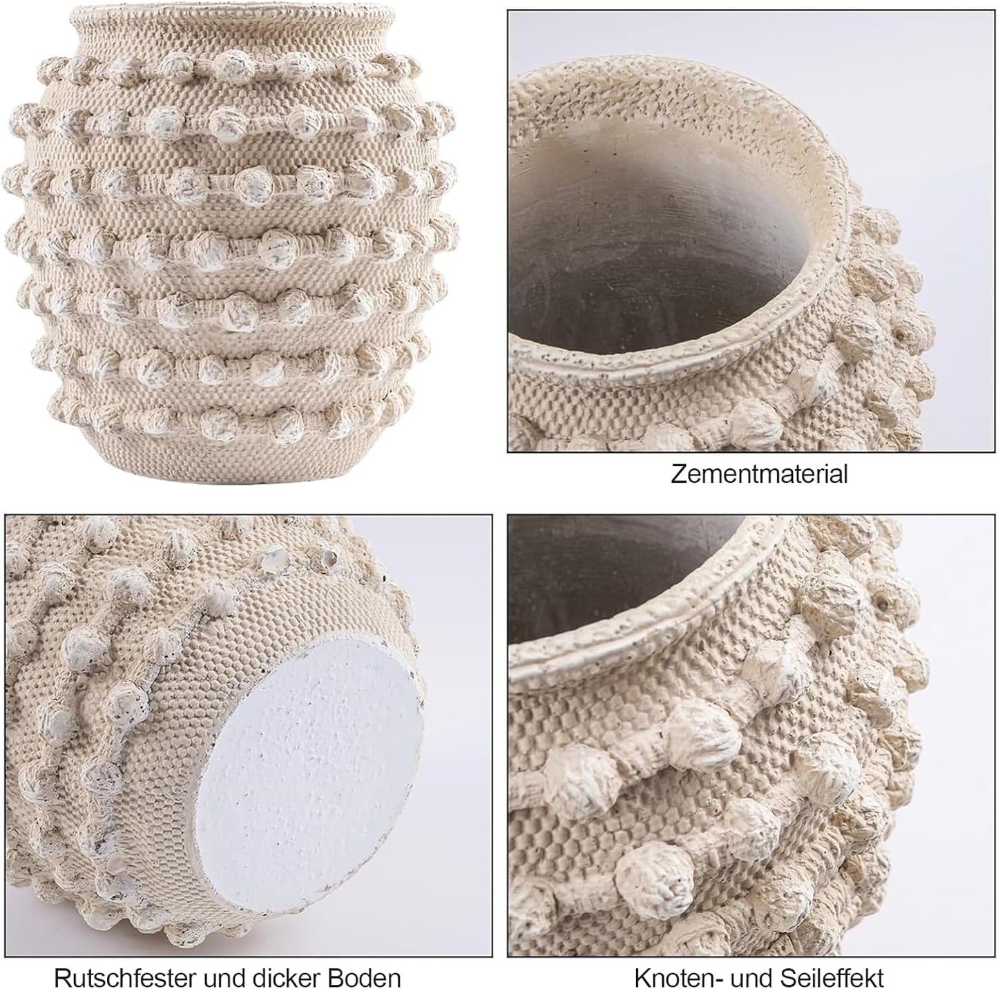 DN DECONATION Beige Rustic Farmhouse Vase, 8.2 Inch Textured Boho Vase for Home Decor, Cement Decorative Flower Vases with Rope Knots for Living Room, Table Centerpiece, Shelf, Mantel Decoration