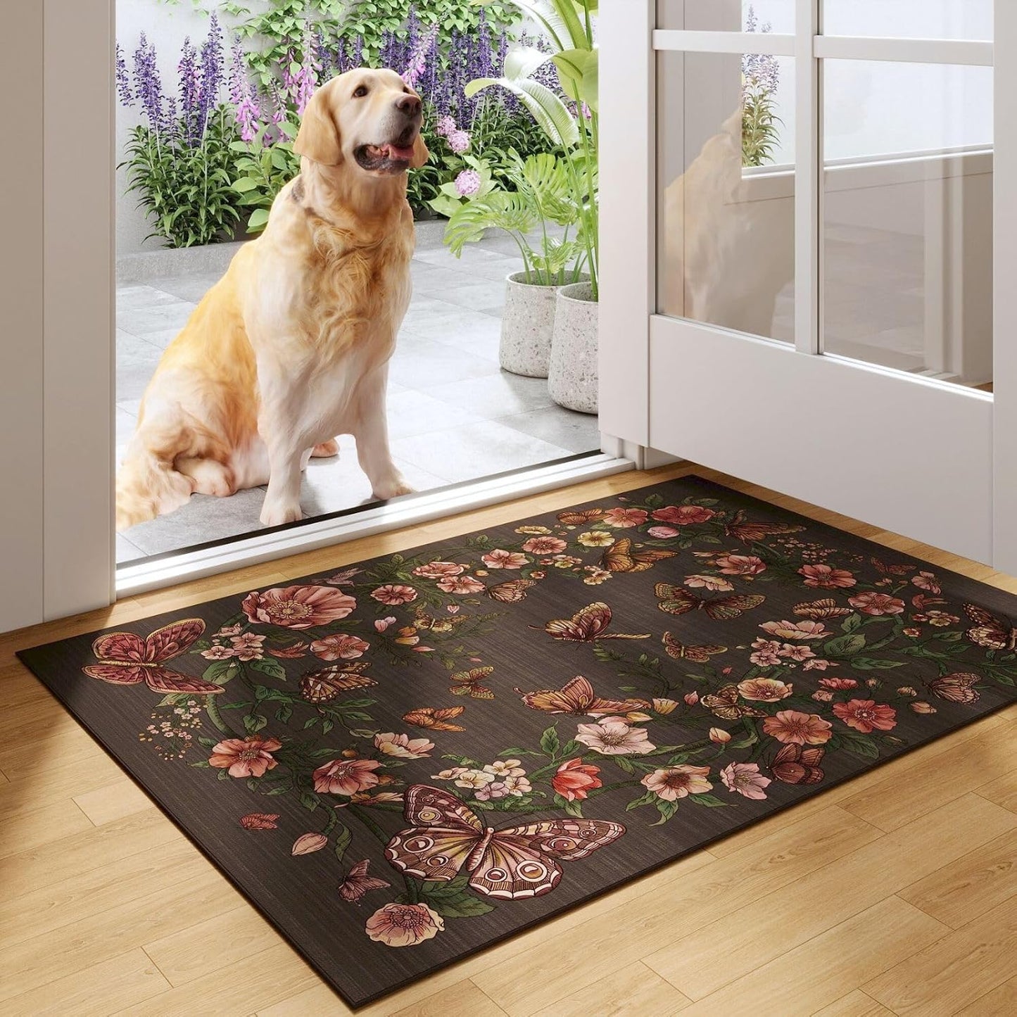 Runner Rug for Kitchen Rug Non Slip 2'6''x8' Washable Rugs with Rubber Backing Soft Floral Butterfly Carpet Runner for Kitchen Laundry Bedroom Bathroom, Black
