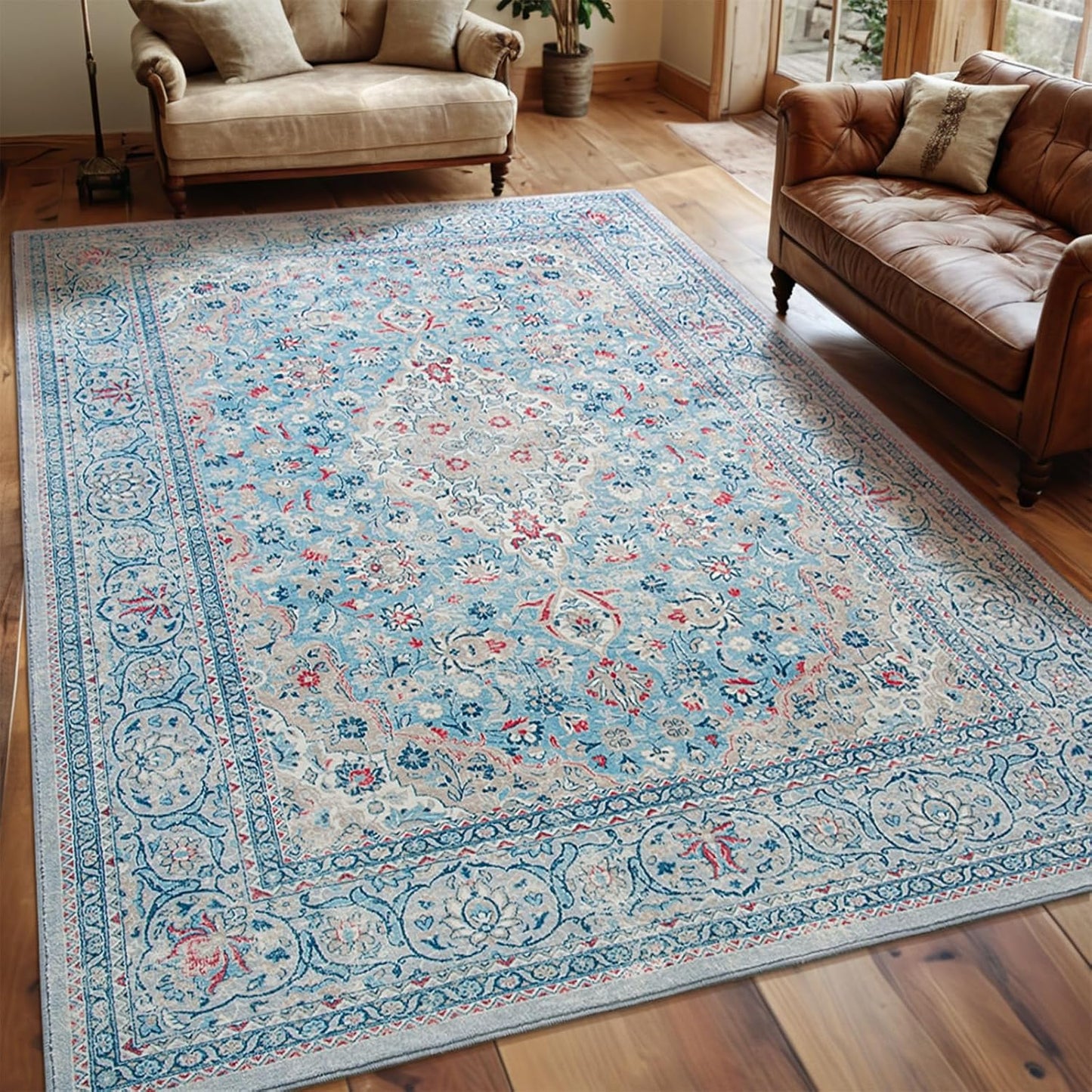Washable Rug 4x6, Beige Area Rugs Non Slip, Indoor Low Pile Carpet with Rubber Backing for Living Room Kitchen Bathroom Entryway Office Bedroom