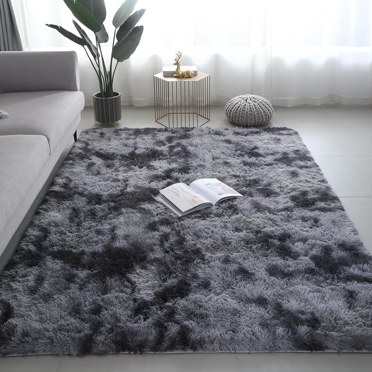Shag Area Rugs for Bedroom Living Room,4X6 Ultra Soft Fluffy Area Rugs for Dorm, Indoor Carpet Nursery Rugs for Kids Room Home Decor,Tie-Dye Grey