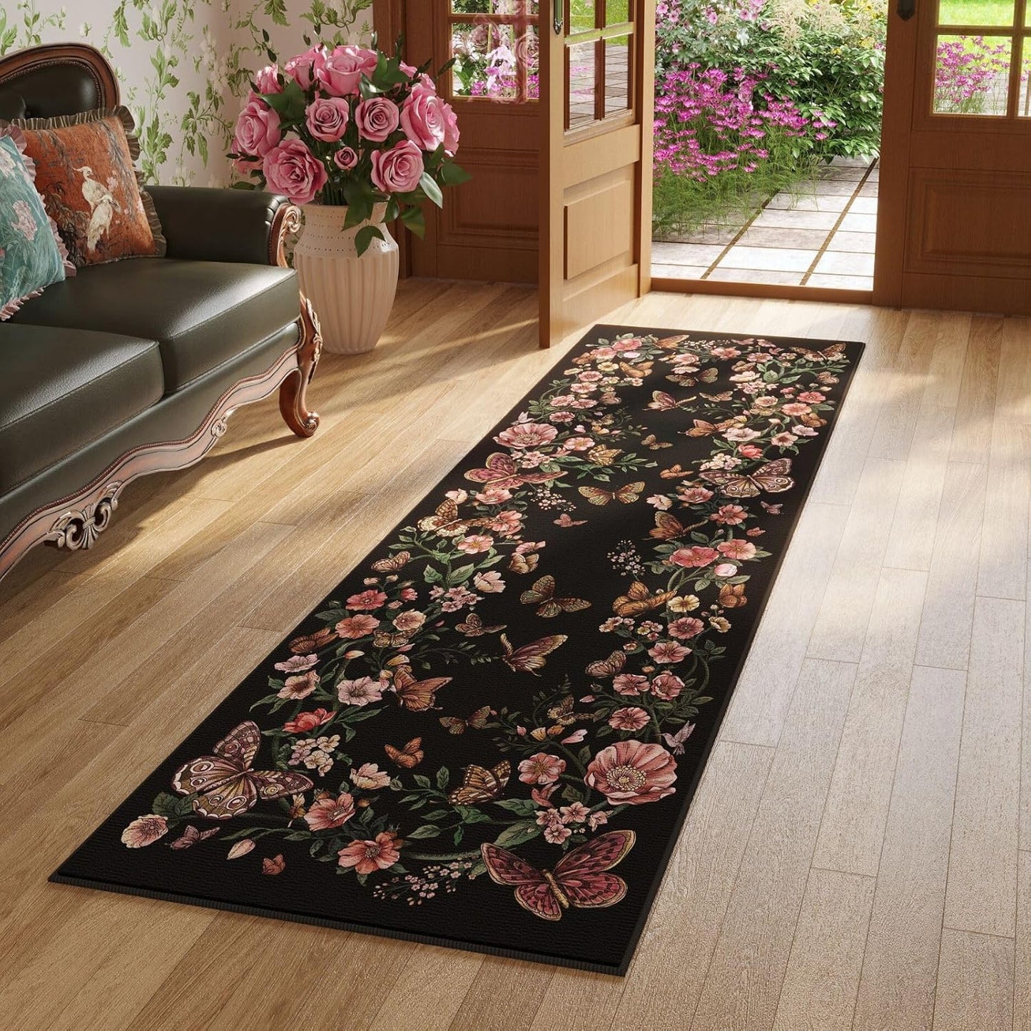 Runner Rug for Kitchen Rug Non Slip 2'6''x8' Washable Rugs with Rubber Backing Soft Floral Butterfly Carpet Runner for Kitchen Laundry Bedroom Bathroom, Black