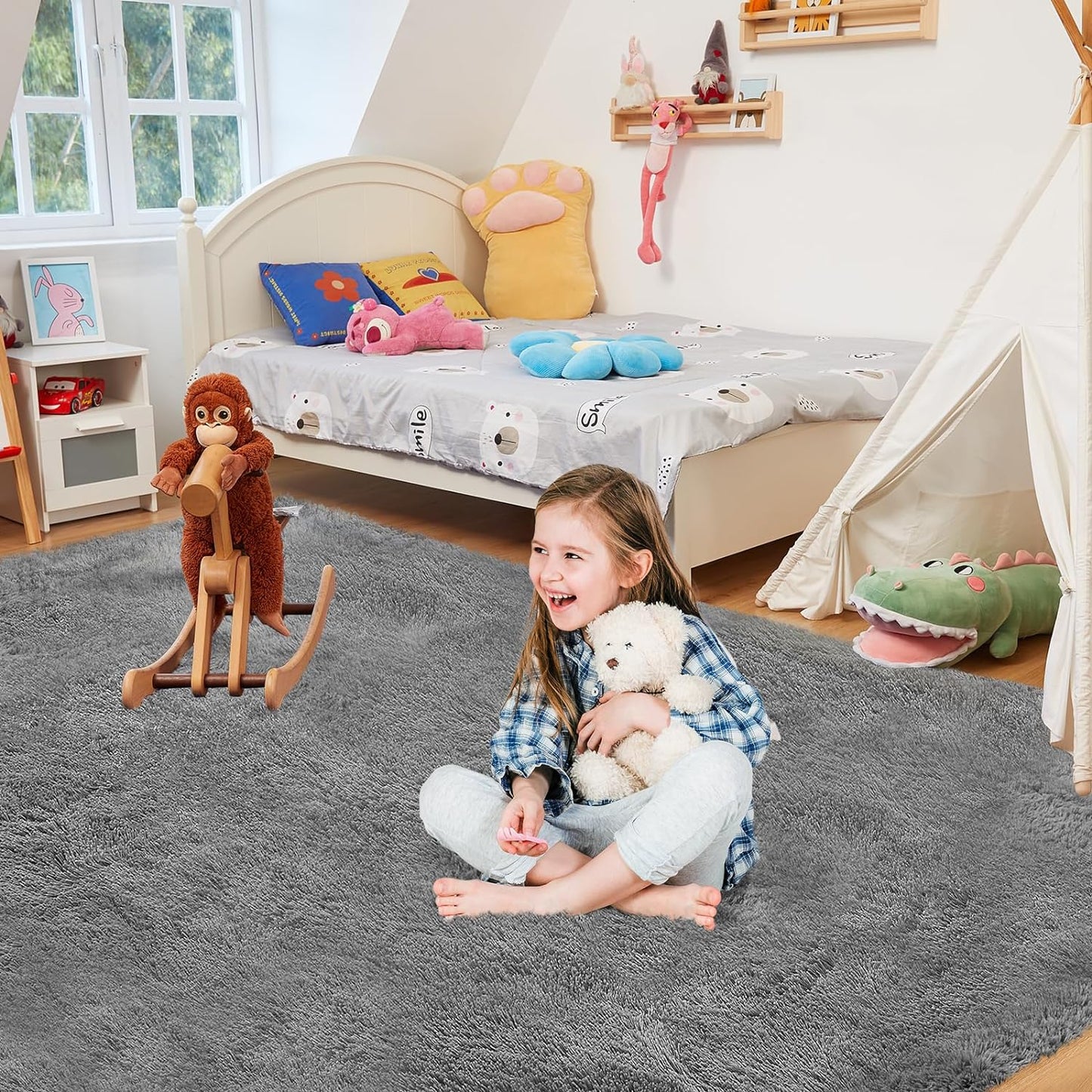 5X8 Ultra Soft Rug for Living Room, 5X8 Fluffy Shag Area Rug for Bedroom, Modern Shaggy Carpets Fuzzy Rug for Teens Dorm Nursery Home Decor Aesthetic, Upgrade Anti-Skid Durable, Grey