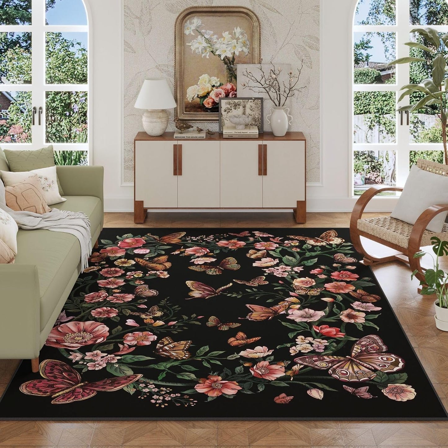 Runner Rug for Kitchen Rug Non Slip 2'6''x8' Washable Rugs with Rubber Backing Soft Floral Butterfly Carpet Runner for Kitchen Laundry Bedroom Bathroom, Black