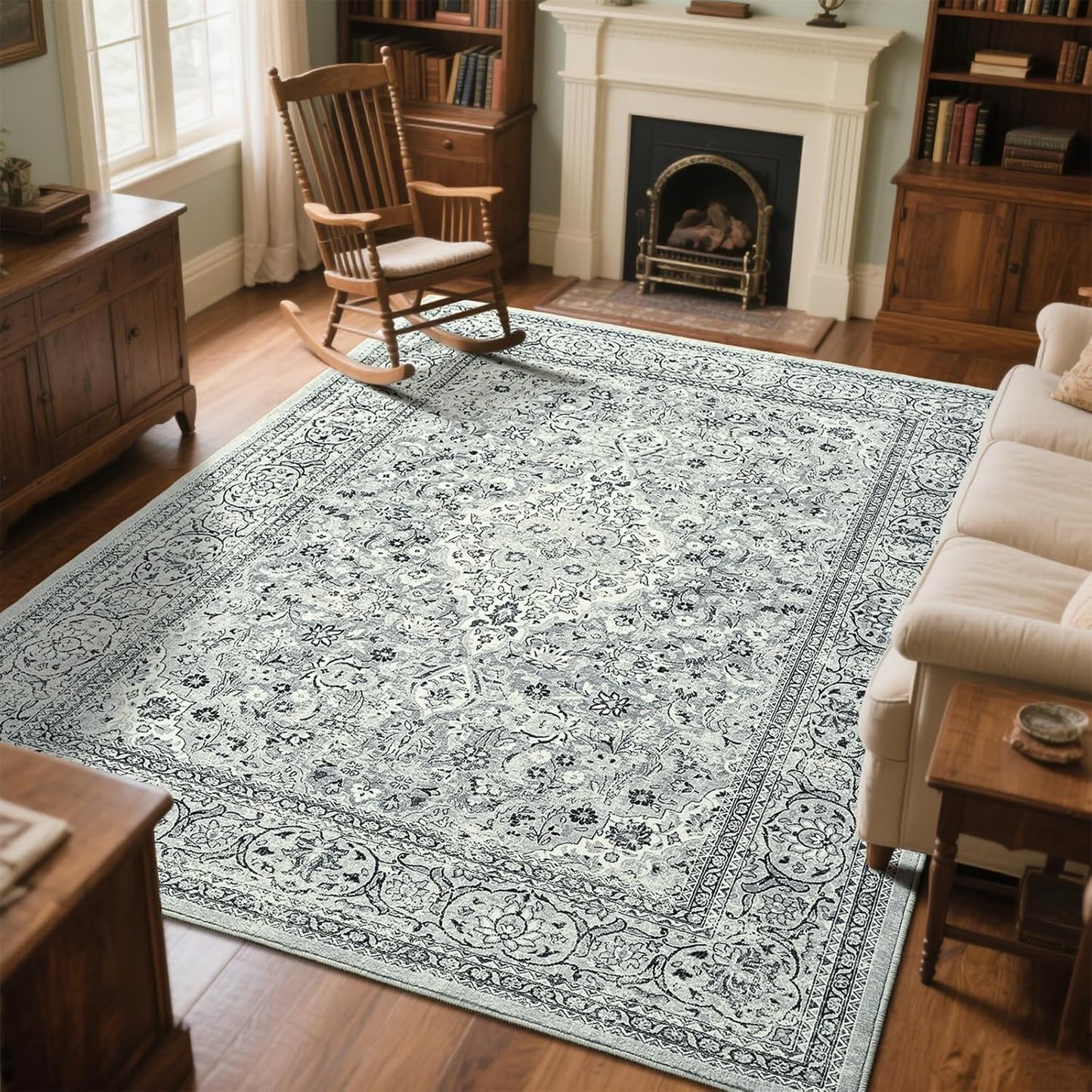 Washable Rug 4x6, Beige Area Rugs Non Slip, Indoor Low Pile Carpet with Rubber Backing for Living Room Kitchen Bathroom Entryway Office Bedroom