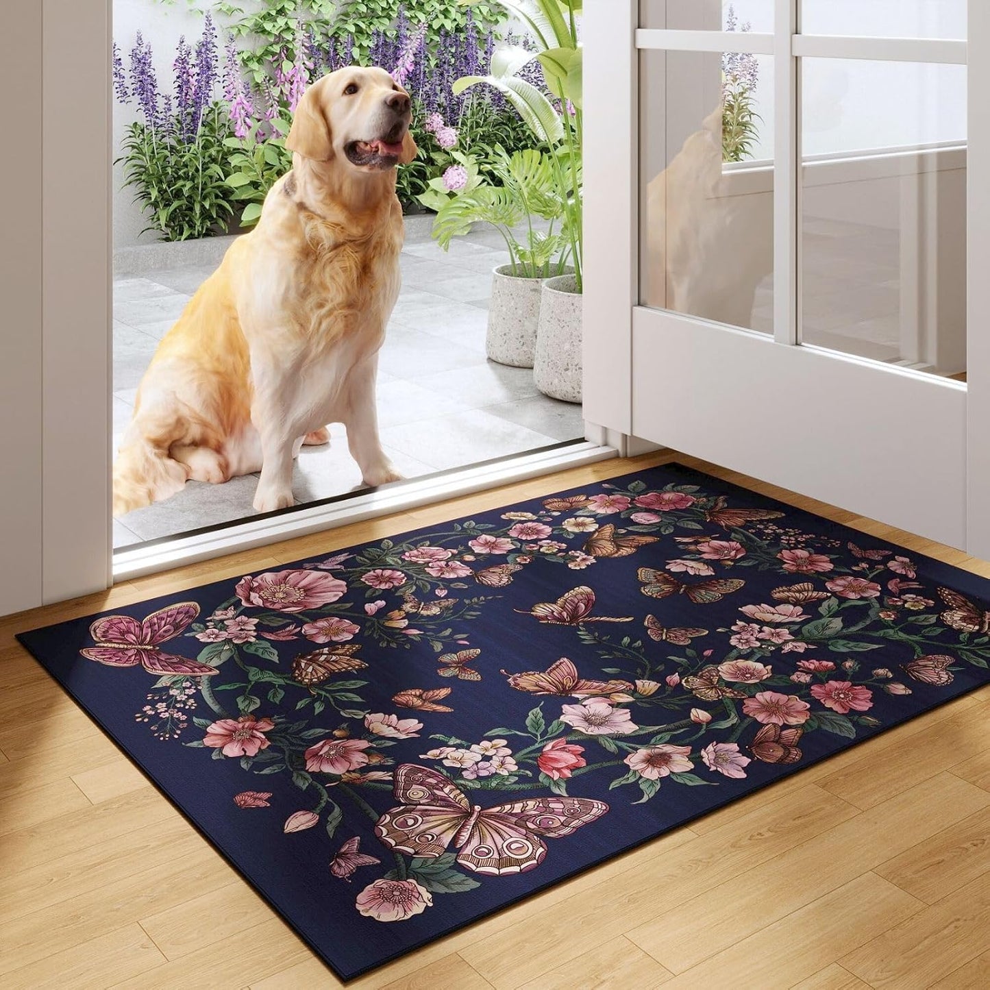 Runner Rug for Kitchen Rug Non Slip 2'6''x8' Washable Rugs with Rubber Backing Soft Floral Butterfly Carpet Runner for Kitchen Laundry Bedroom Bathroom, Black