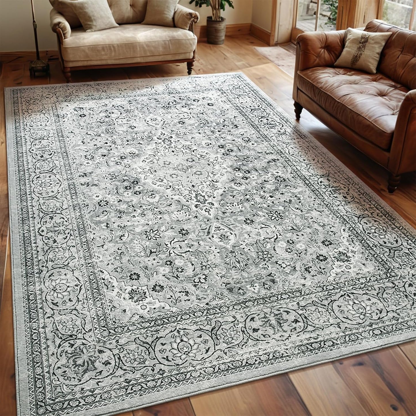 Washable Rug 4x6, Beige Area Rugs Non Slip, Indoor Low Pile Carpet with Rubber Backing for Living Room Kitchen Bathroom Entryway Office Bedroom