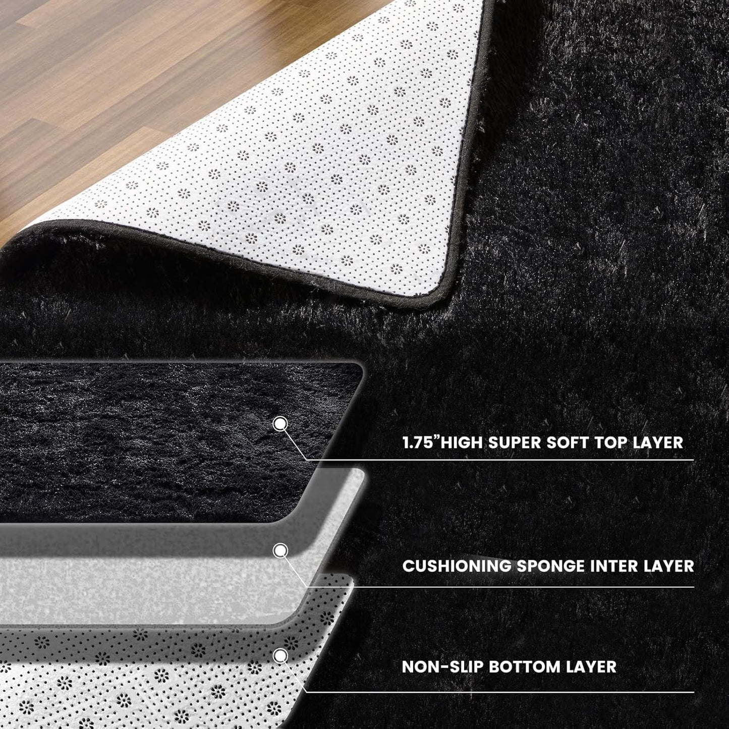Super Soft Area Rugs for Living Room 5x7 Black, Fluffy Furry Shaggy Fuzzy Area Rug, Upgrade Anti-Skid Rectangular, High Pile Soft Throw Rug for Bedroom and Kids Room, Home Decor Aesthetic