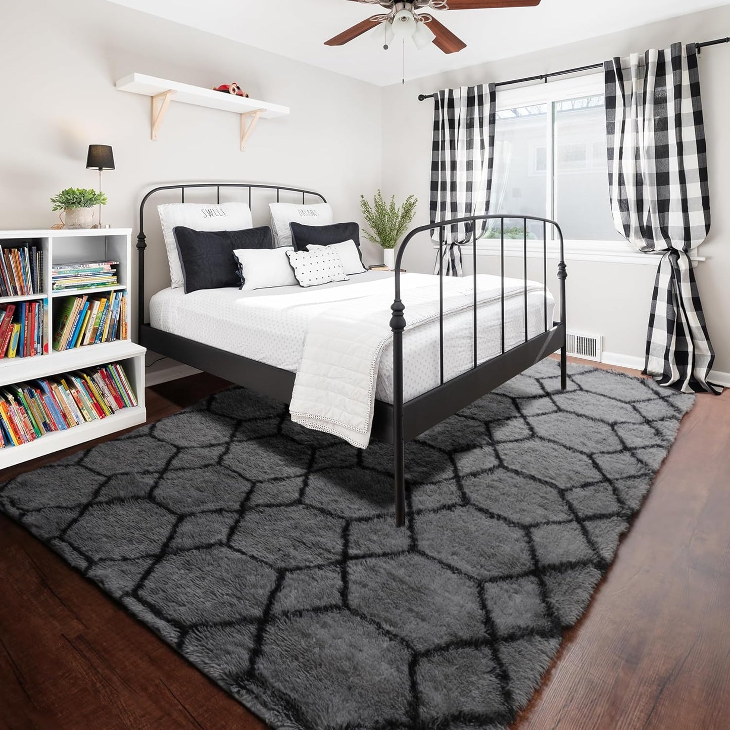 ONASAR 6x9 Area Rugs for Living Room Bedroom, Washable Large Fluffy Grey and Black Throw Rug, Geometric Soft Plush Shaggy Fuzzy Floor Carpet for Nursery Kids Girls Boys Teen Dorm Home Office Decor