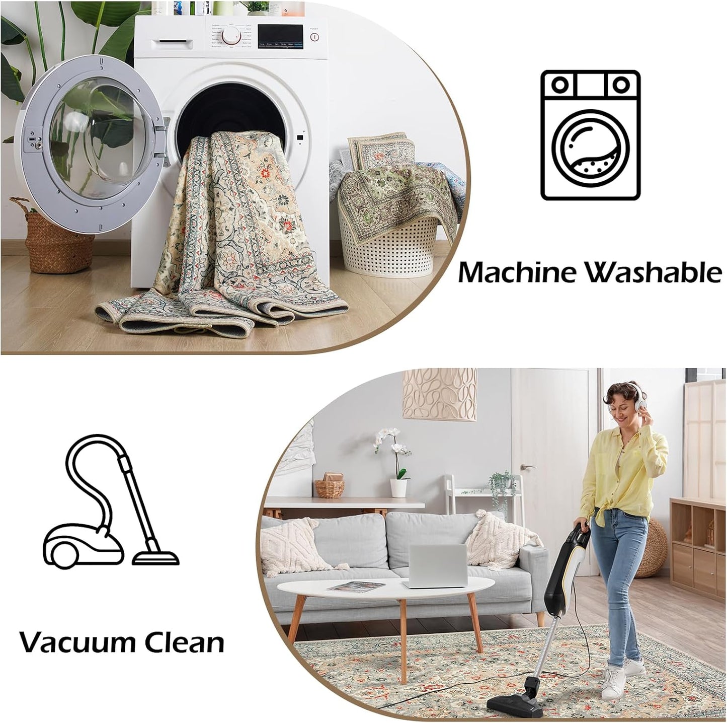 Washable Rug 4x6, Beige Area Rugs Non Slip, Indoor Low Pile Carpet with Rubber Backing for Living Room Kitchen Bathroom Entryway Office Bedroom