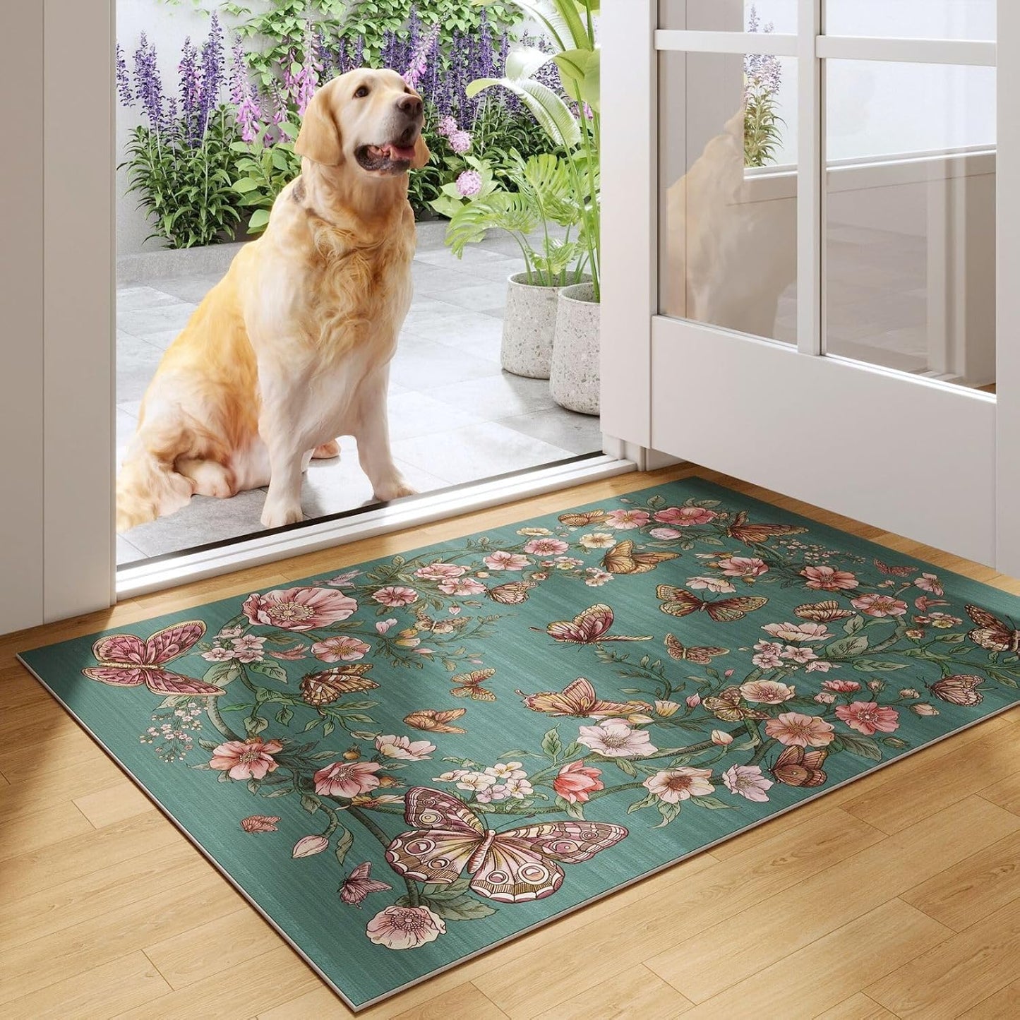 Runner Rug for Kitchen Rug Non Slip 2'6''x8' Washable Rugs with Rubber Backing Soft Floral Butterfly Carpet Runner for Kitchen Laundry Bedroom Bathroom, Black