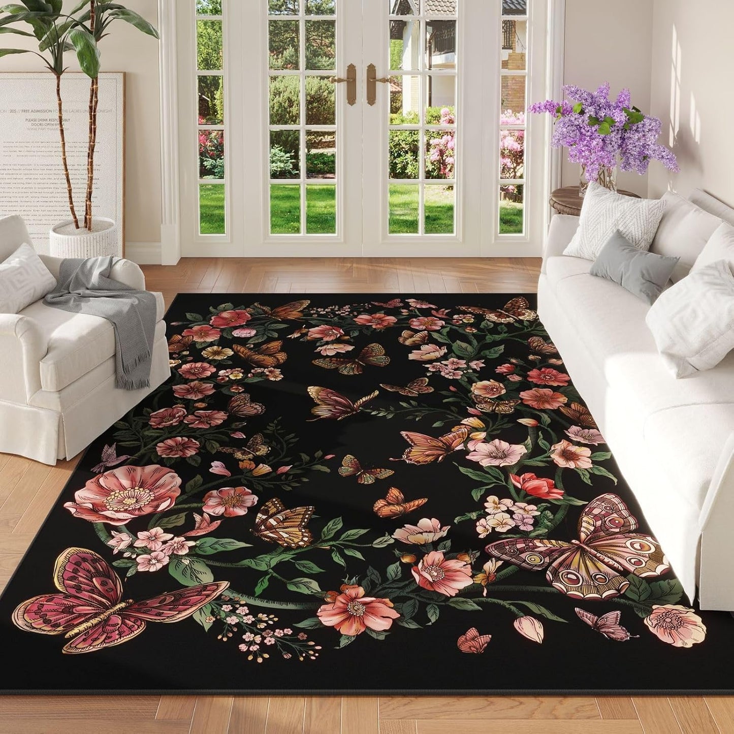 Runner Rug for Kitchen Rug Non Slip 2'6''x8' Washable Rugs with Rubber Backing Soft Floral Butterfly Carpet Runner for Kitchen Laundry Bedroom Bathroom, Black