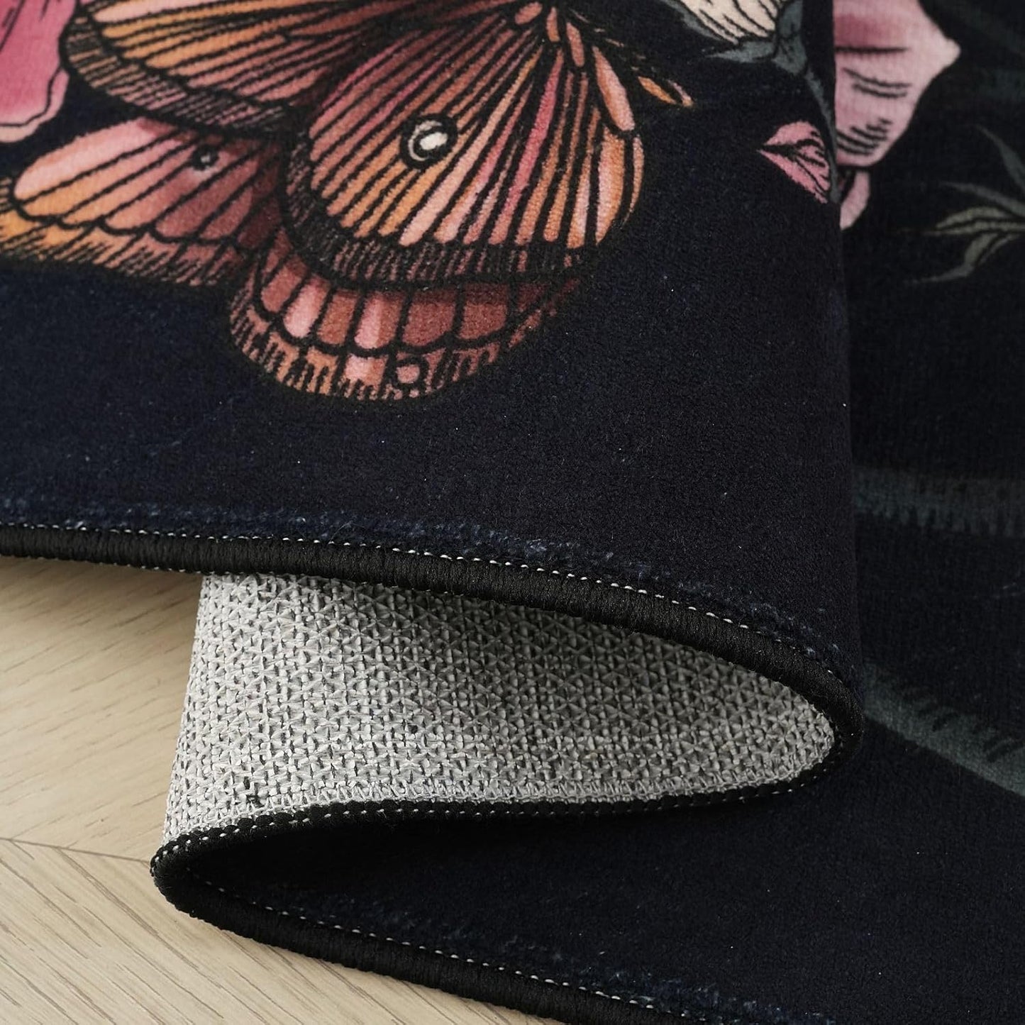 Runner Rug for Kitchen Rug Non Slip 2'6''x8' Washable Rugs with Rubber Backing Soft Floral Butterfly Carpet Runner for Kitchen Laundry Bedroom Bathroom, Black