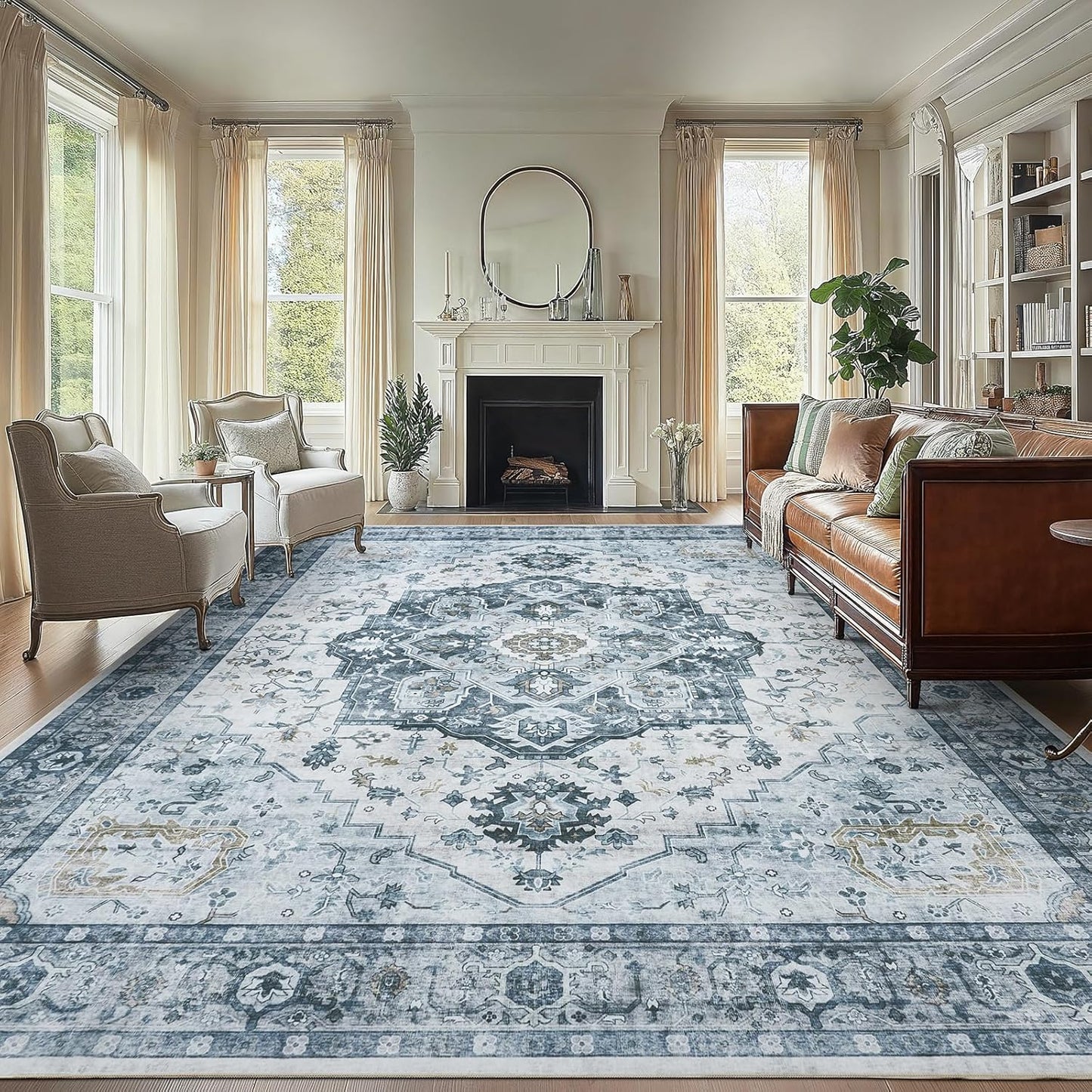 AMADA HOMEFURNISHING 8x10 Washable Area Rug, Low-Profile Large Area Rug with Non-Slip Backing & Durable Edge Binding, Vintage Large Rugs for Living Room, Bedroom, Dinning Room