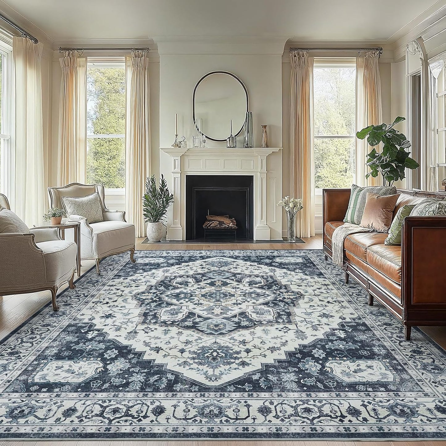 AMADA HOMEFURNISHING 8x10 Washable Area Rug, Low-Profile Large Area Rug with Non-Slip Backing & Durable Edge Binding, Vintage Large Rugs for Living Room, Bedroom, Dinning Room