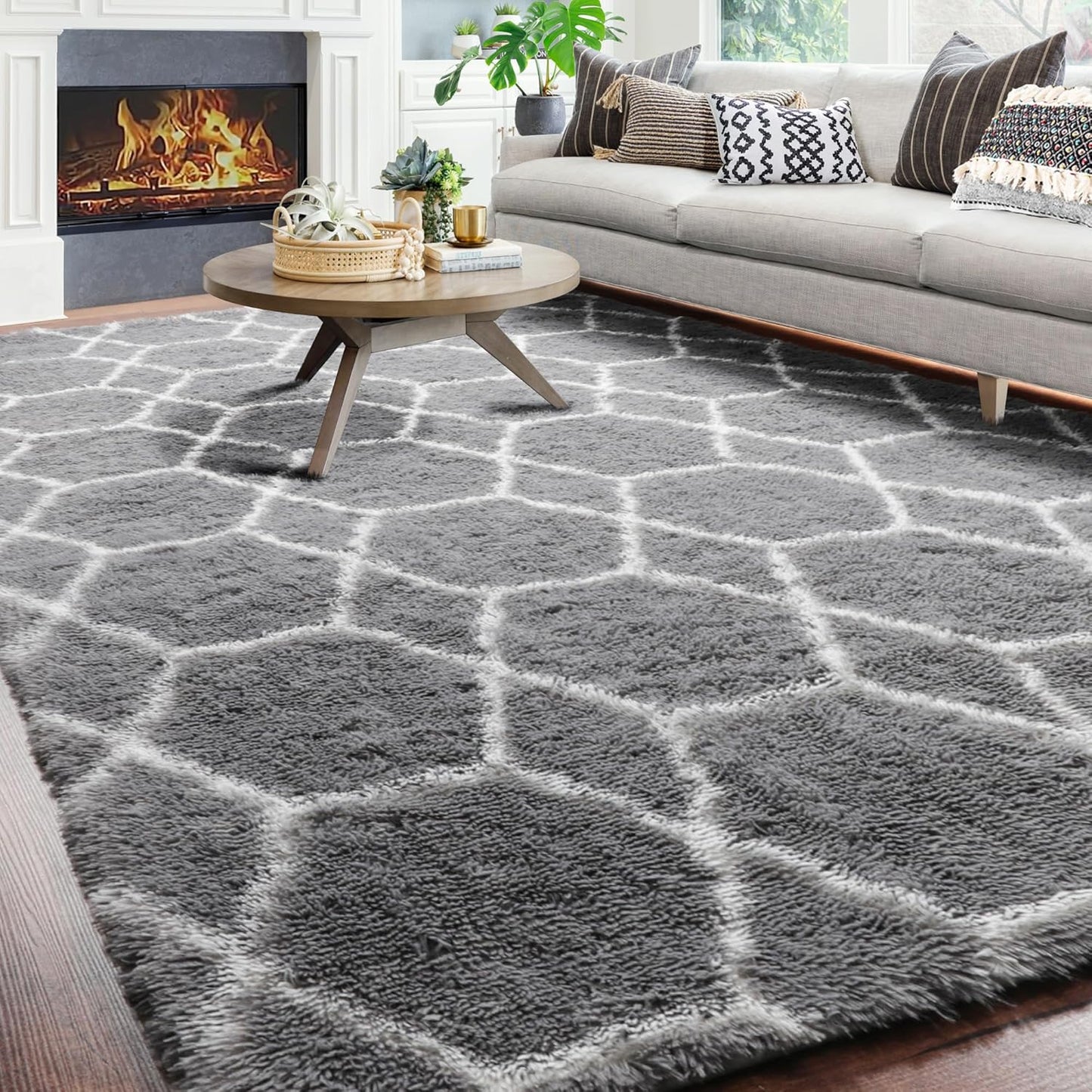 ONASAR 6x9 Area Rugs for Living Room Bedroom, Washable Large Fluffy Grey and Black Throw Rug, Geometric Soft Plush Shaggy Fuzzy Floor Carpet for Nursery Kids Girls Boys Teen Dorm Home Office Decor
