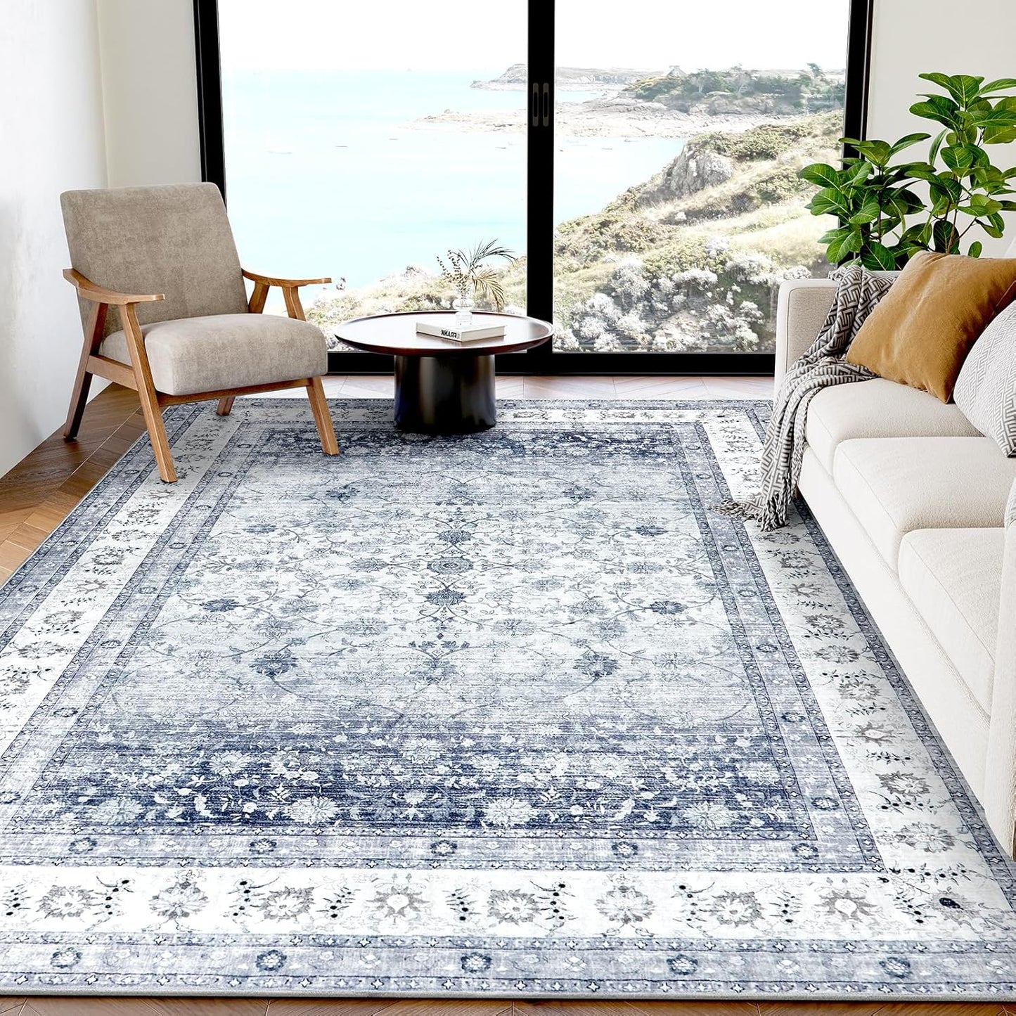 AMADA HOMEFURNISHING 8x10 Washable Area Rug, Low-Profile Large Area Rug with Non-Slip Backing & Durable Edge Binding, Vintage Large Rugs for Living Room, Bedroom, Dinning Room