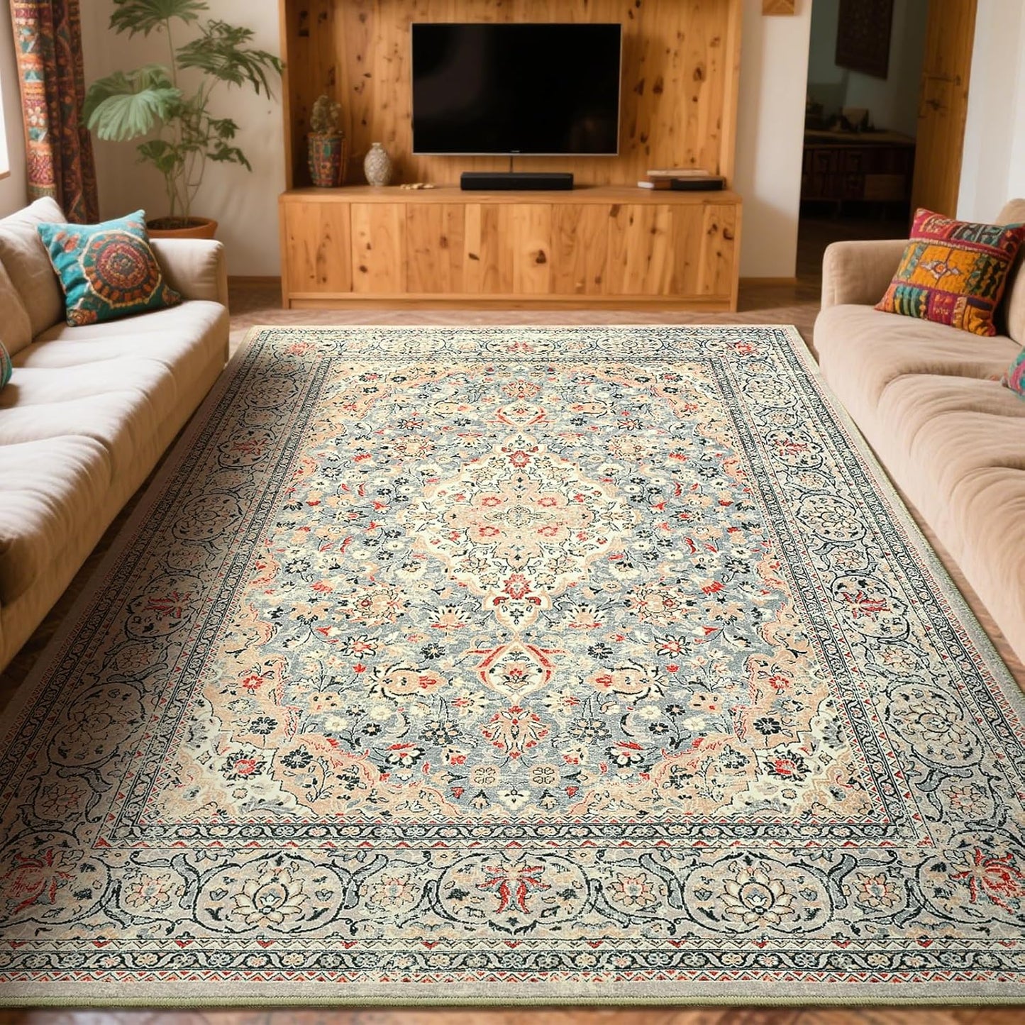 Washable Rug 4x6, Beige Area Rugs Non Slip, Indoor Low Pile Carpet with Rubber Backing for Living Room Kitchen Bathroom Entryway Office Bedroom