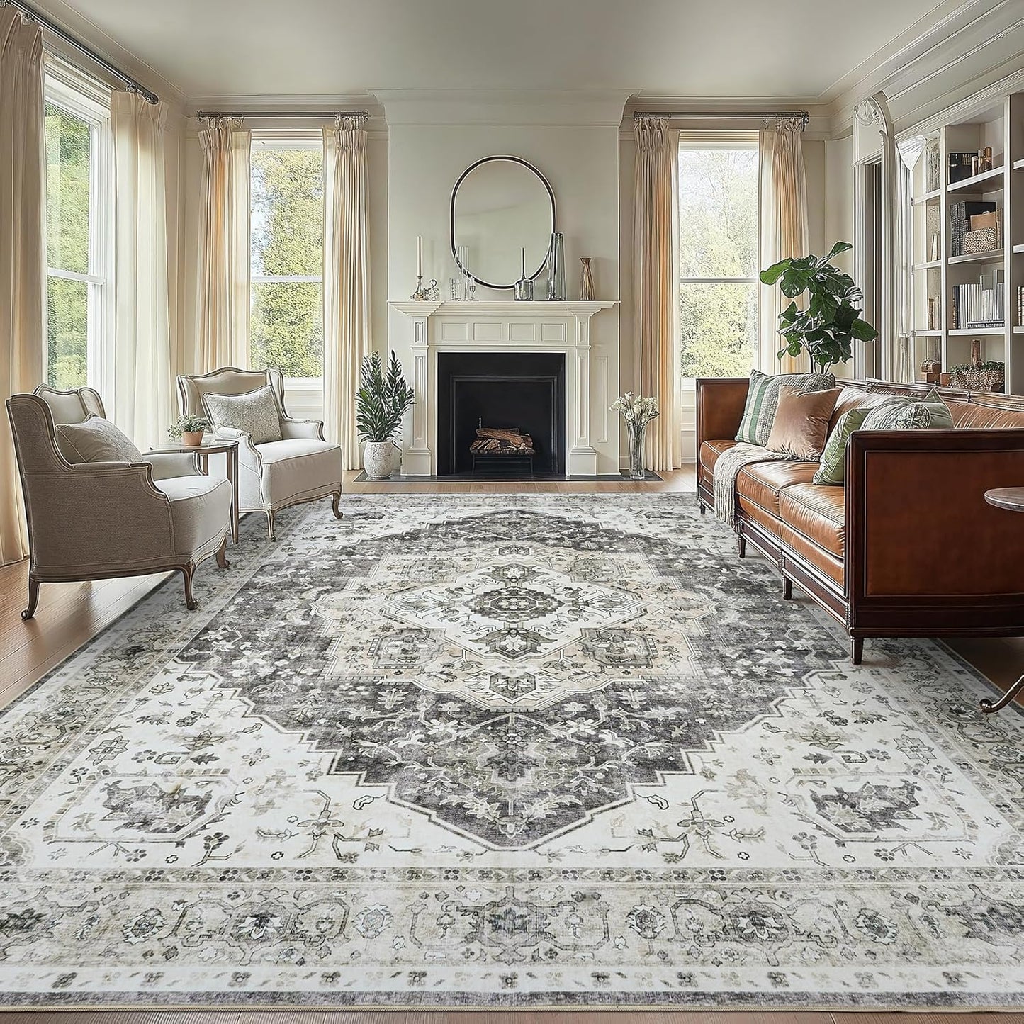 AMADA HOMEFURNISHING 8x10 Washable Area Rug, Low-Profile Large Area Rug with Non-Slip Backing & Durable Edge Binding, Vintage Large Rugs for Living Room, Bedroom, Dinning Room