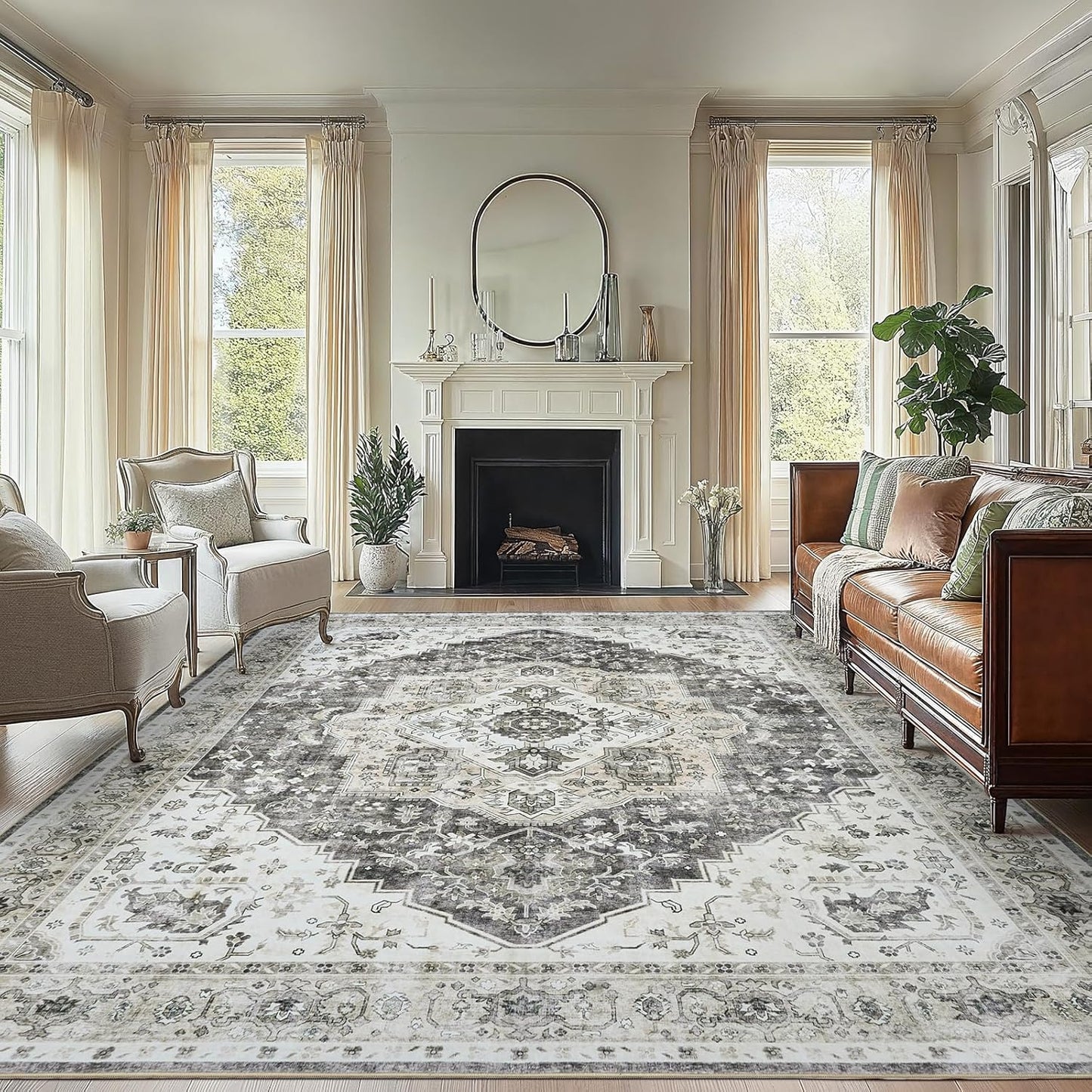 AMADA HOMEFURNISHING 8x10 Washable Area Rug, Low-Profile Large Area Rug with Non-Slip Backing & Durable Edge Binding, Vintage Large Rugs for Living Room, Bedroom, Dinning Room
