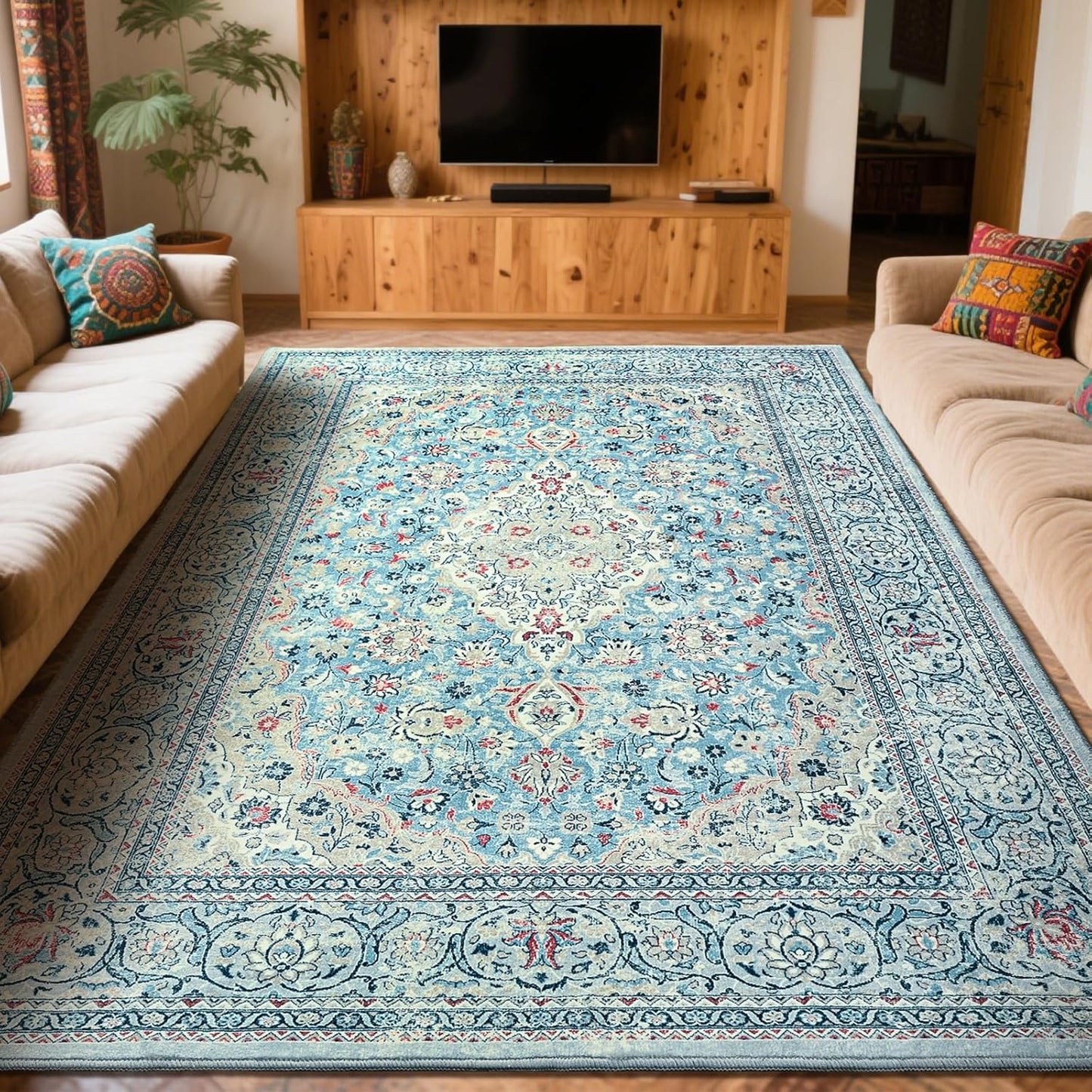 Washable Rug 4x6, Beige Area Rugs Non Slip, Indoor Low Pile Carpet with Rubber Backing for Living Room Kitchen Bathroom Entryway Office Bedroom