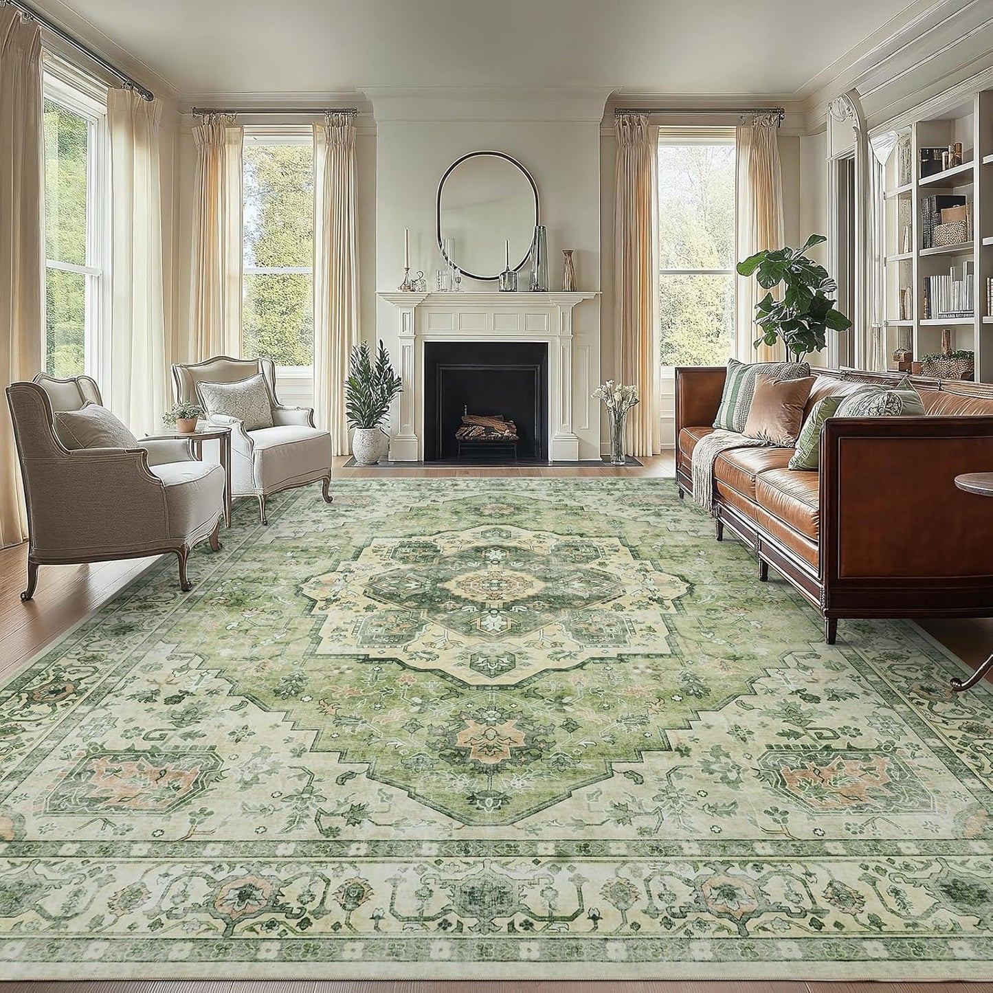 AMADA HOMEFURNISHING 8x10 Washable Area Rug, Low-Profile Large Area Rug with Non-Slip Backing & Durable Edge Binding, Vintage Large Rugs for Living Room, Bedroom, Dinning Room