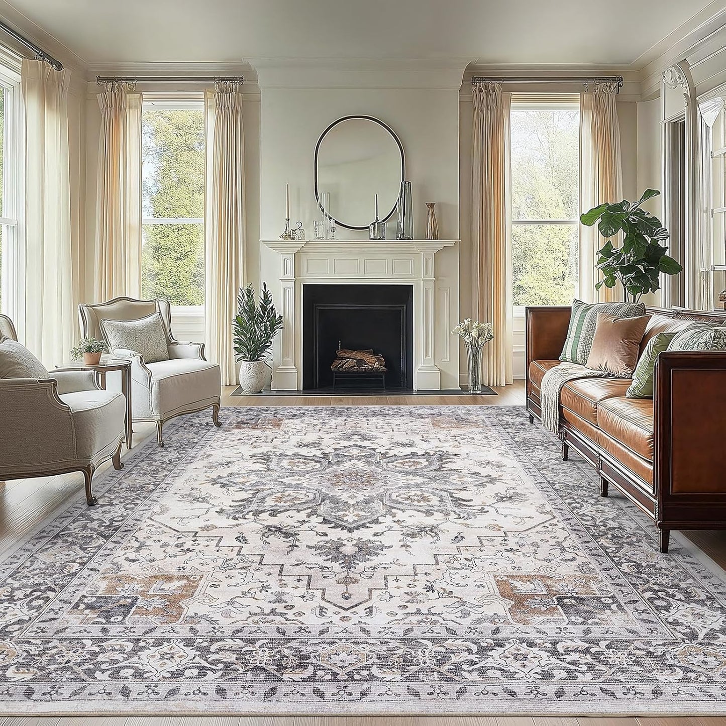 AMADA HOMEFURNISHING 8x10 Washable Area Rug, Low-Profile Large Area Rug with Non-Slip Backing & Durable Edge Binding, Vintage Large Rugs for Living Room, Bedroom, Dinning Room