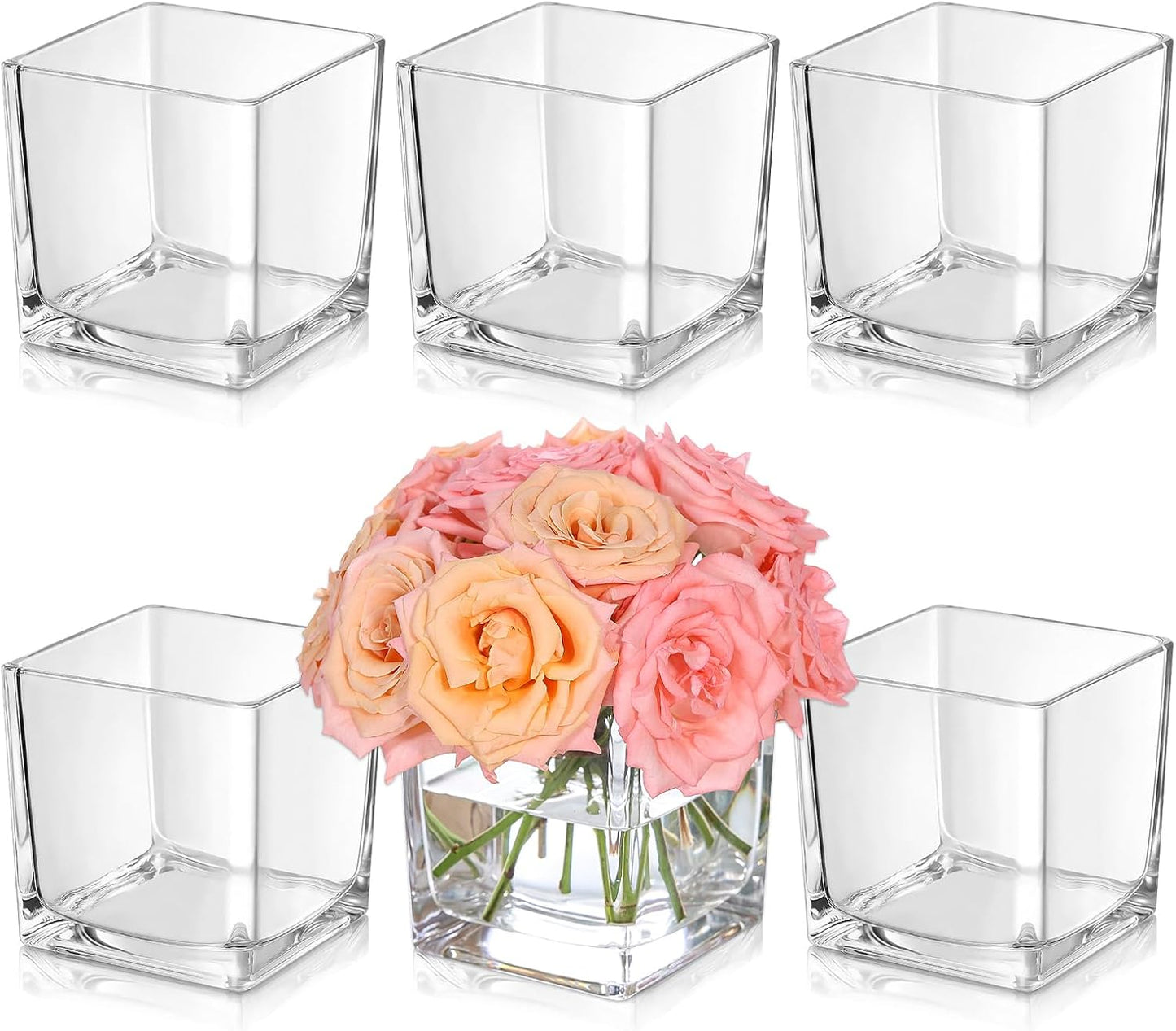 KEYWING 6 Pack Square Glass Vase 5" x 5" x 5", Clear Flower Vases for Centerpieces, Square Flower Vase Candle Holder for Wedding, Party, Home Office Decoration