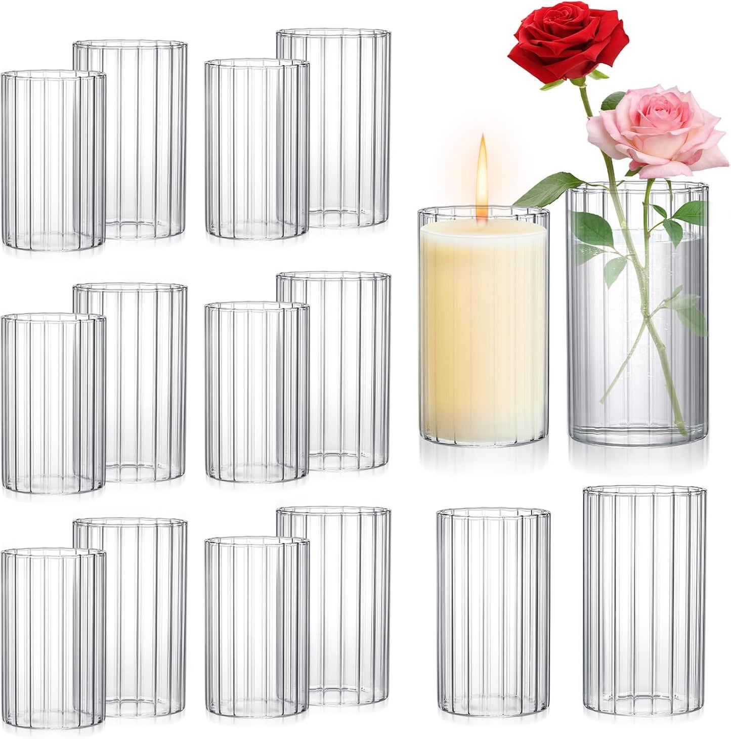16 Pack Glass Cylinder Vases 4,6,8,10 Inch Tall Clear Flower Vase Hurricane Floating Candle Holder for Table Centerpiece Wedding Home Decor