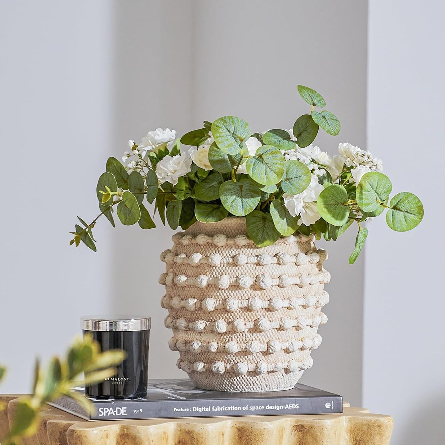 DN DECONATION Beige Rustic Farmhouse Vase, 8.2 Inch Textured Boho Vase for Home Decor, Cement Decorative Flower Vases with Rope Knots for Living Room, Table Centerpiece, Shelf, Mantel Decoration