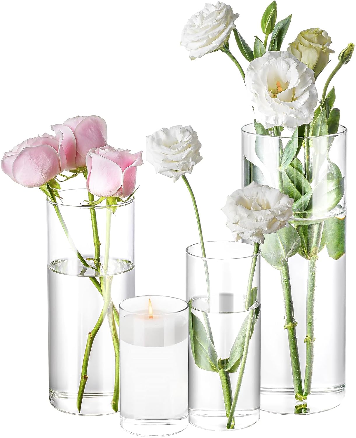 16 Pack Glass Cylinder Vases 4,6,8,10 Inch Tall Clear Flower Vase Hurricane Floating Candle Holder for Table Centerpiece Wedding Home Decor