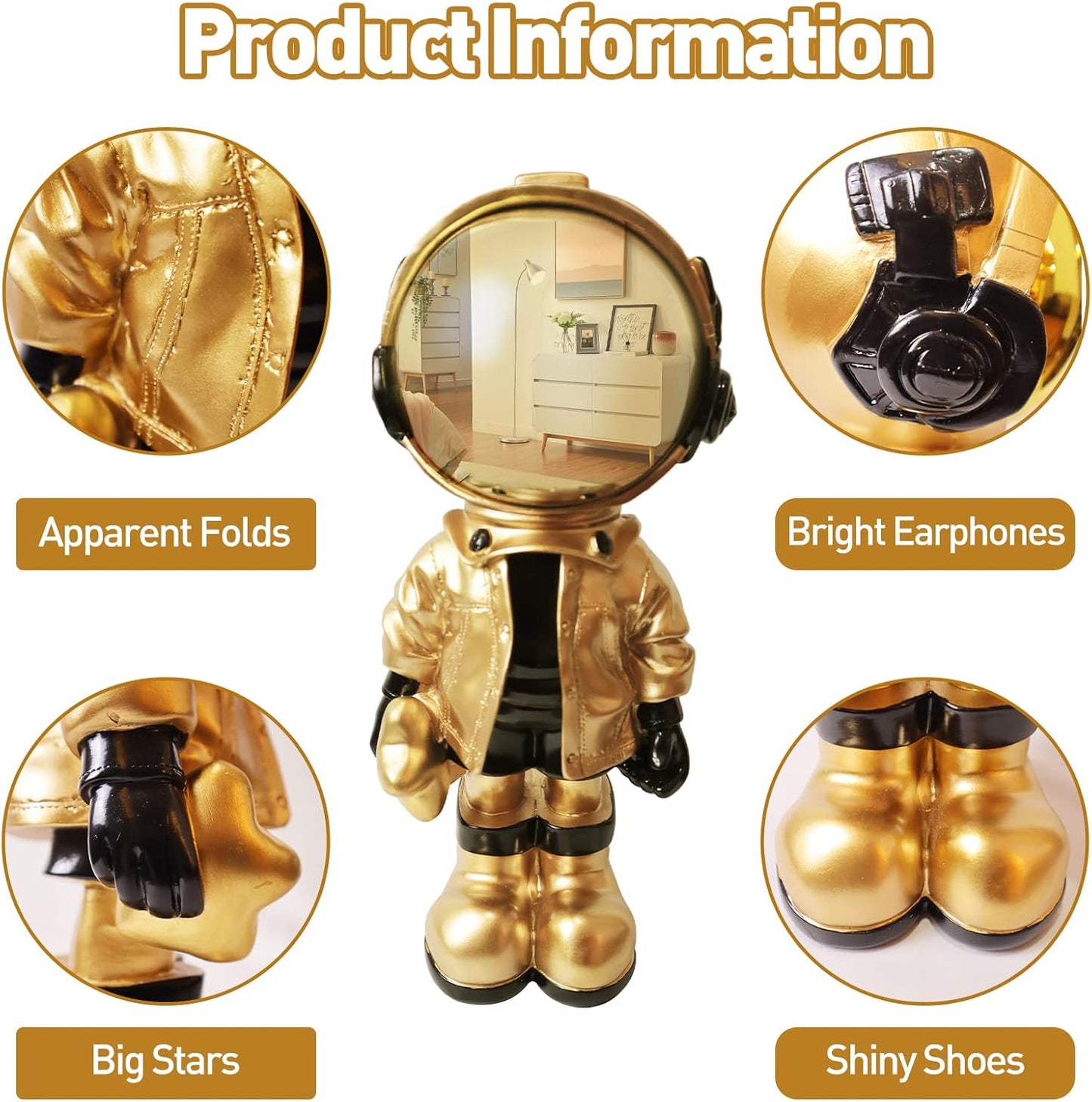 Dosker Astronaut Statues Spaceman Sculpture Polyresin Arts Gifts Gold Figurine Ornament Room Decor for Men,Home and Crafts Desktop Accessories Tabletop Decoration, Living Room, Office, Bookshelf