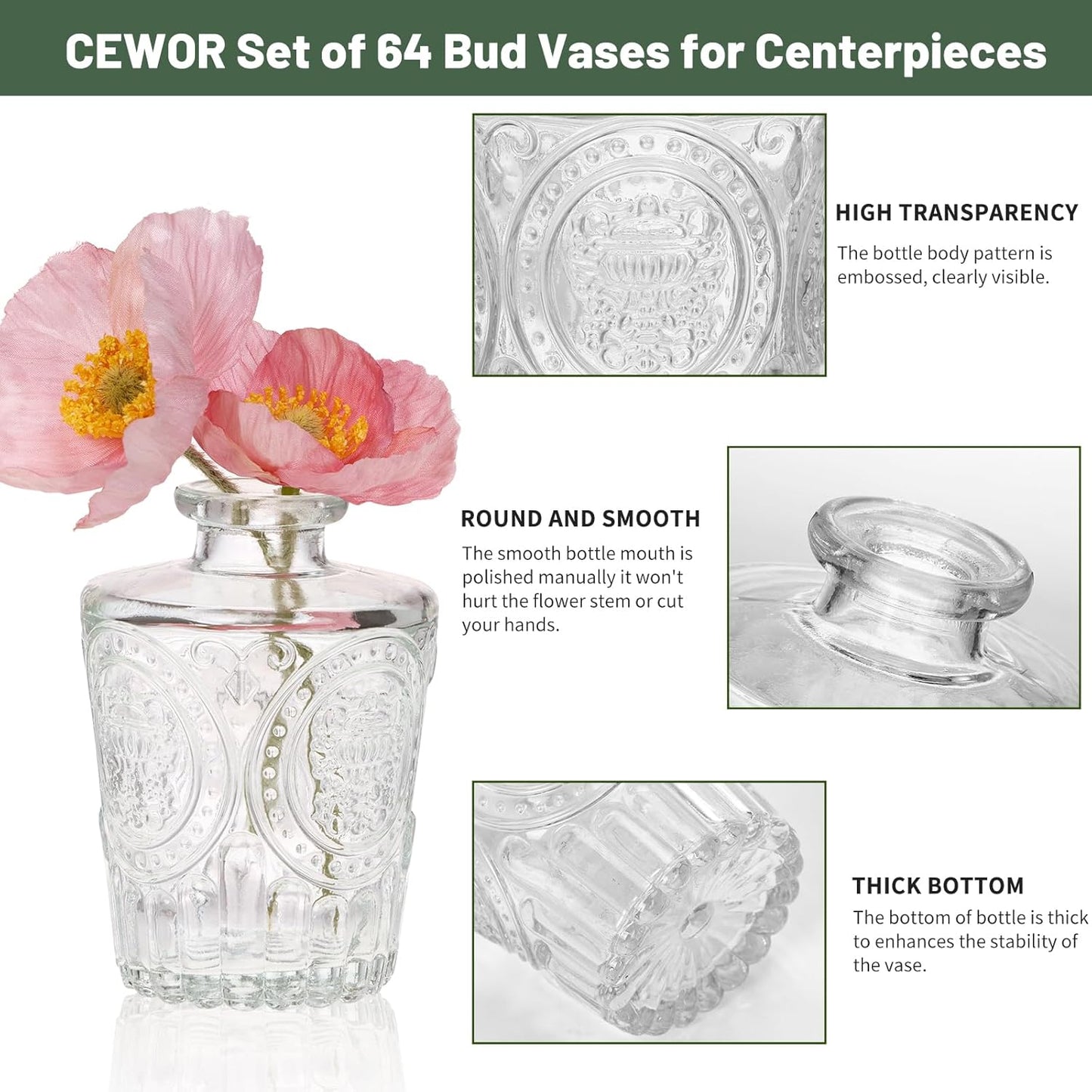 CEWOR Glass Bud Vases in Bulk, Set of 64 Small Vases for Centerpieces, Flower Vases for Flowers in Bulk for Rustic Wedding Home Table Decorations