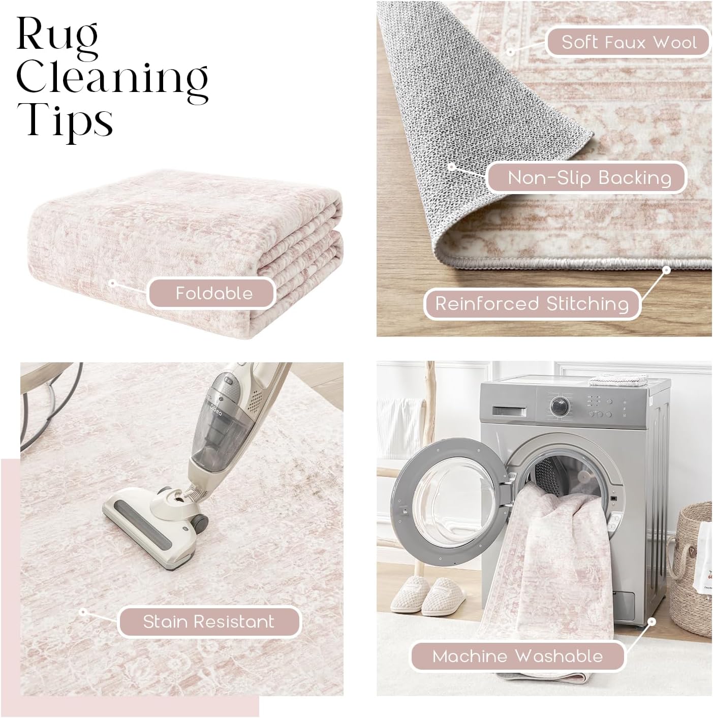 Nursery Rug for Baby Girl,Neutral Blush Pink Boho Cute Floral Foldable Machine Washable Soft Faux Wool Carpet Area Rugs for Living Room Bedroom Dorm Kids Playroom,5x7