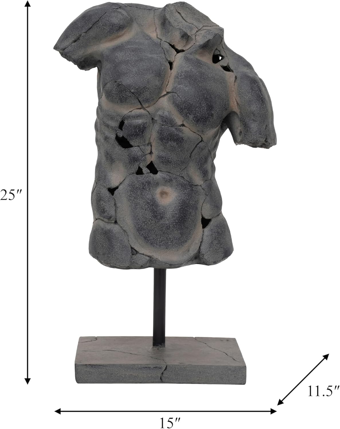 Sagebrook Home Modern Cracked Male Torso Sculpture Resin Statue with Textured Black Finish Artistic Home Decor for Living Room, Office, or Entryway 15x9x25