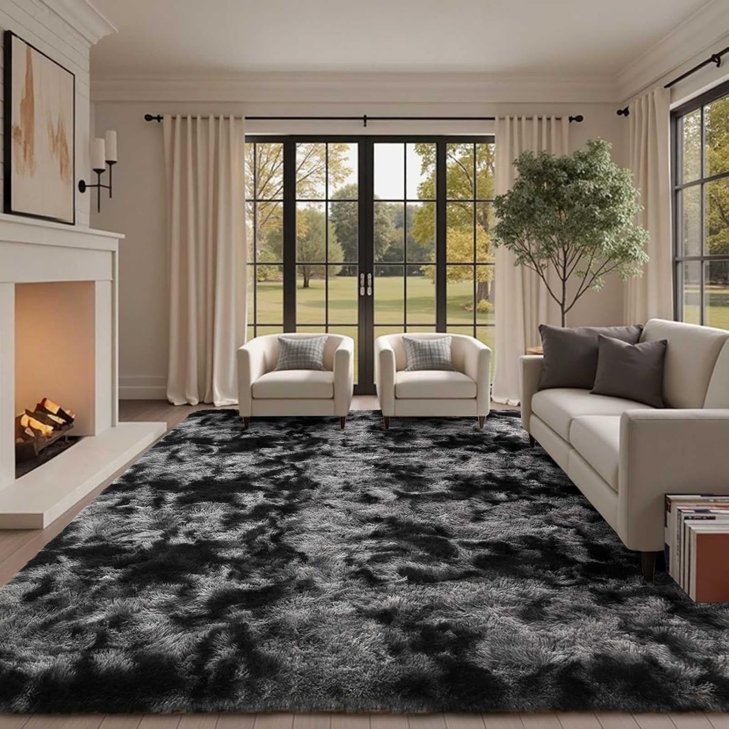 6x9 Ft Large Shag Rugs for Living Room Decor, Tie-Dyed Ultra Soft Fluffy Furry Area Rugs for Bedroom Indoor Floor, Aesthetic Carpet for Kids Home (Dark Grey)