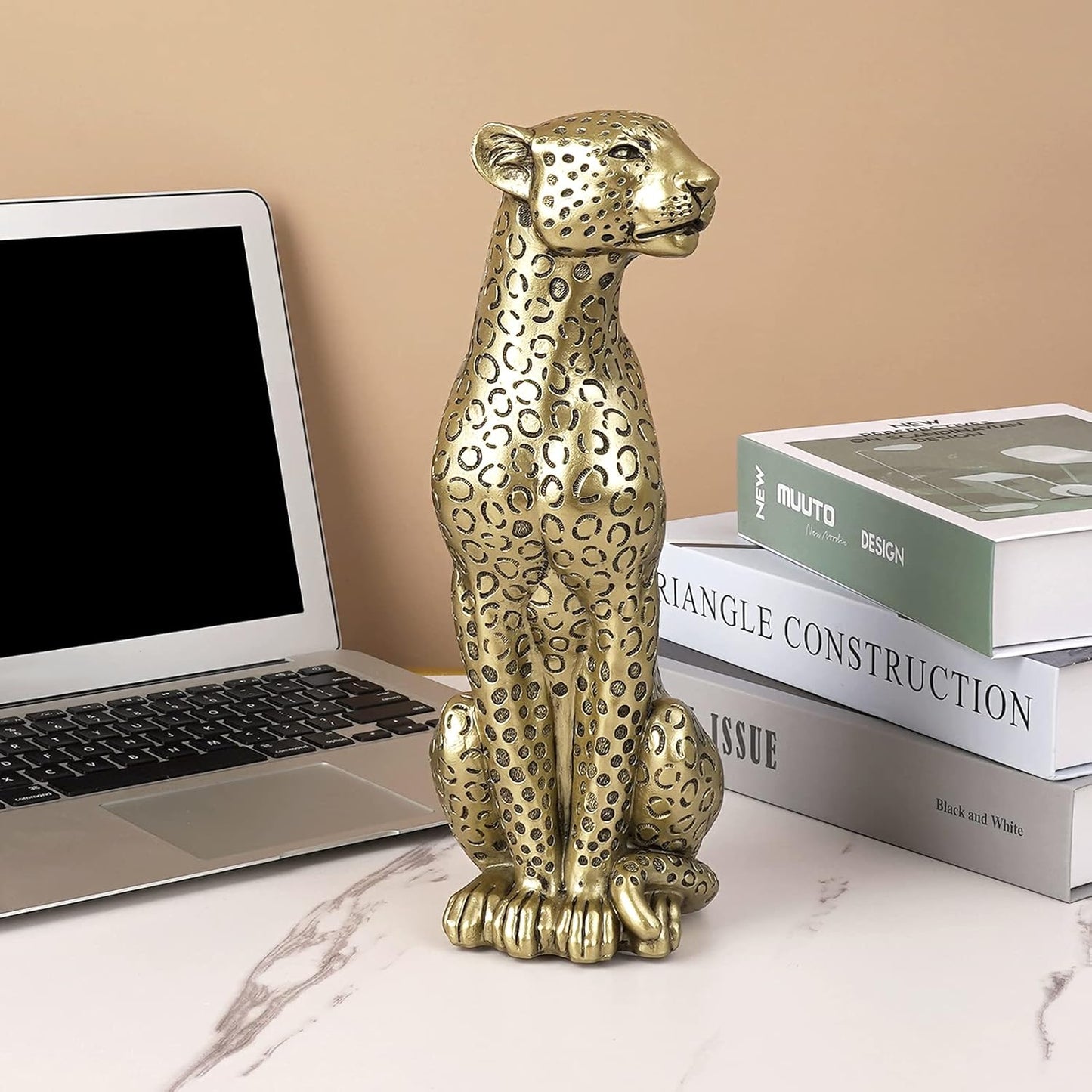 Cheetah Statue Home Decor Leopard Sculpture Resin Sitting Cheetah Figurine Desktop Table Top Ornament Decoration for Home Office Champagne Gold