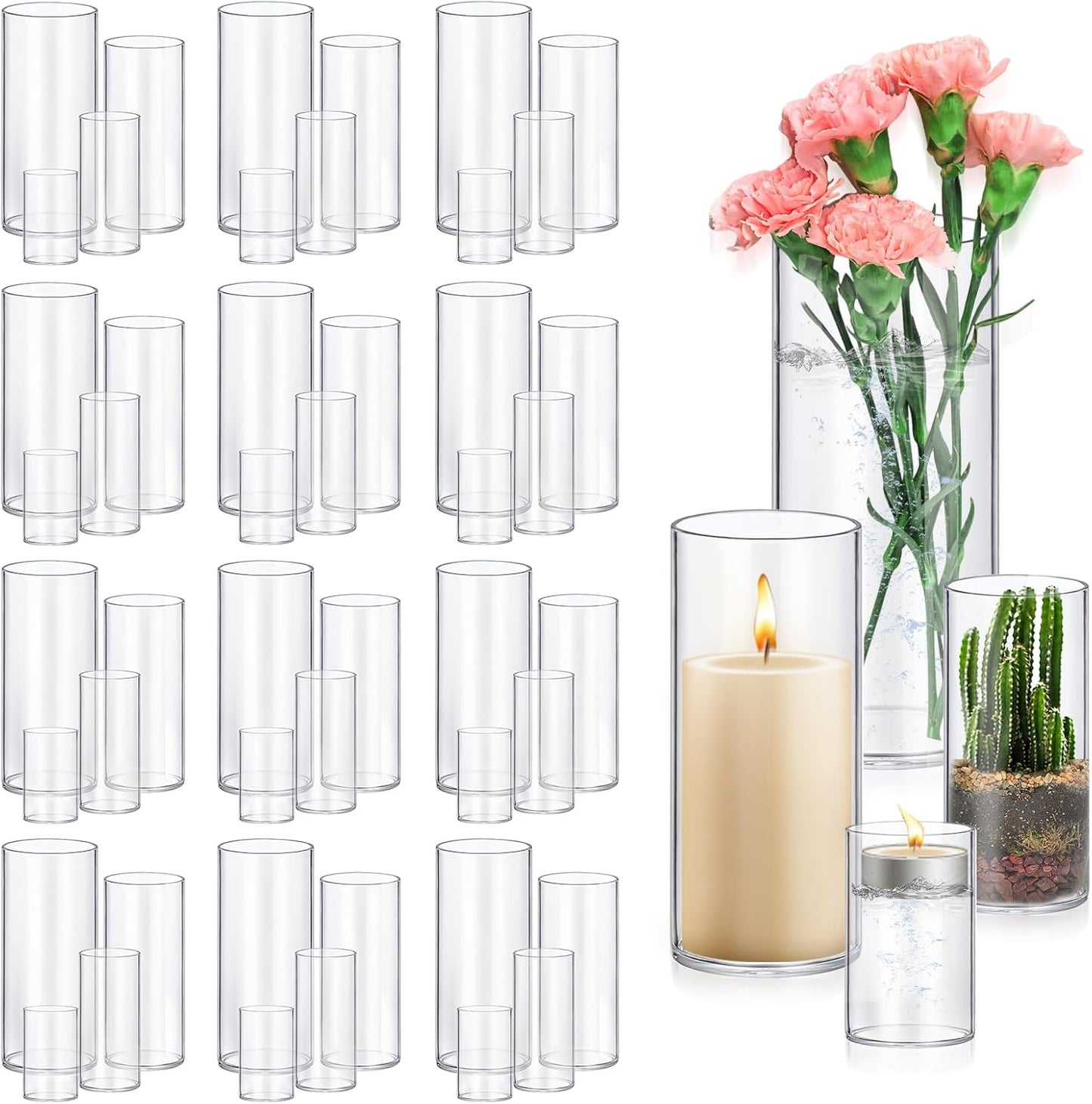 16 Pack Glass Cylinder Vases 4,6,8,10 Inch Tall Clear Flower Vase Hurricane Floating Candle Holder for Table Centerpiece Wedding Home Decor