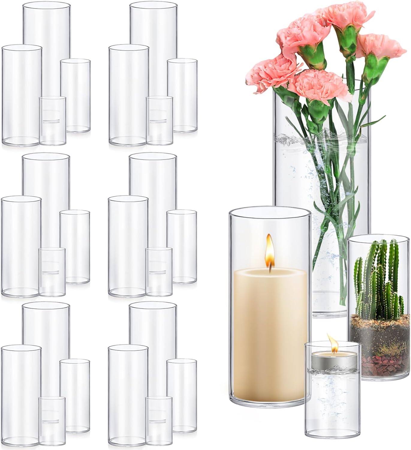 16 Pack Glass Cylinder Vases 4,6,8,10 Inch Tall Clear Flower Vase Hurricane Floating Candle Holder for Table Centerpiece Wedding Home Decor