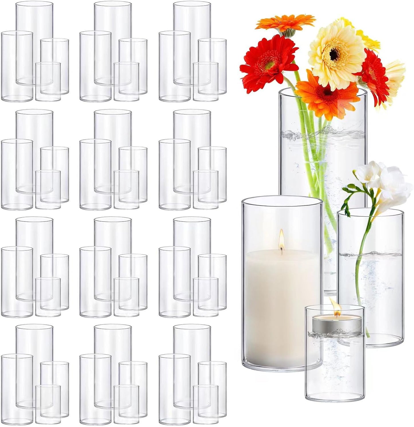 16 Pack Glass Cylinder Vases 4,6,8,10 Inch Tall Clear Flower Vase Hurricane Floating Candle Holder for Table Centerpiece Wedding Home Decor