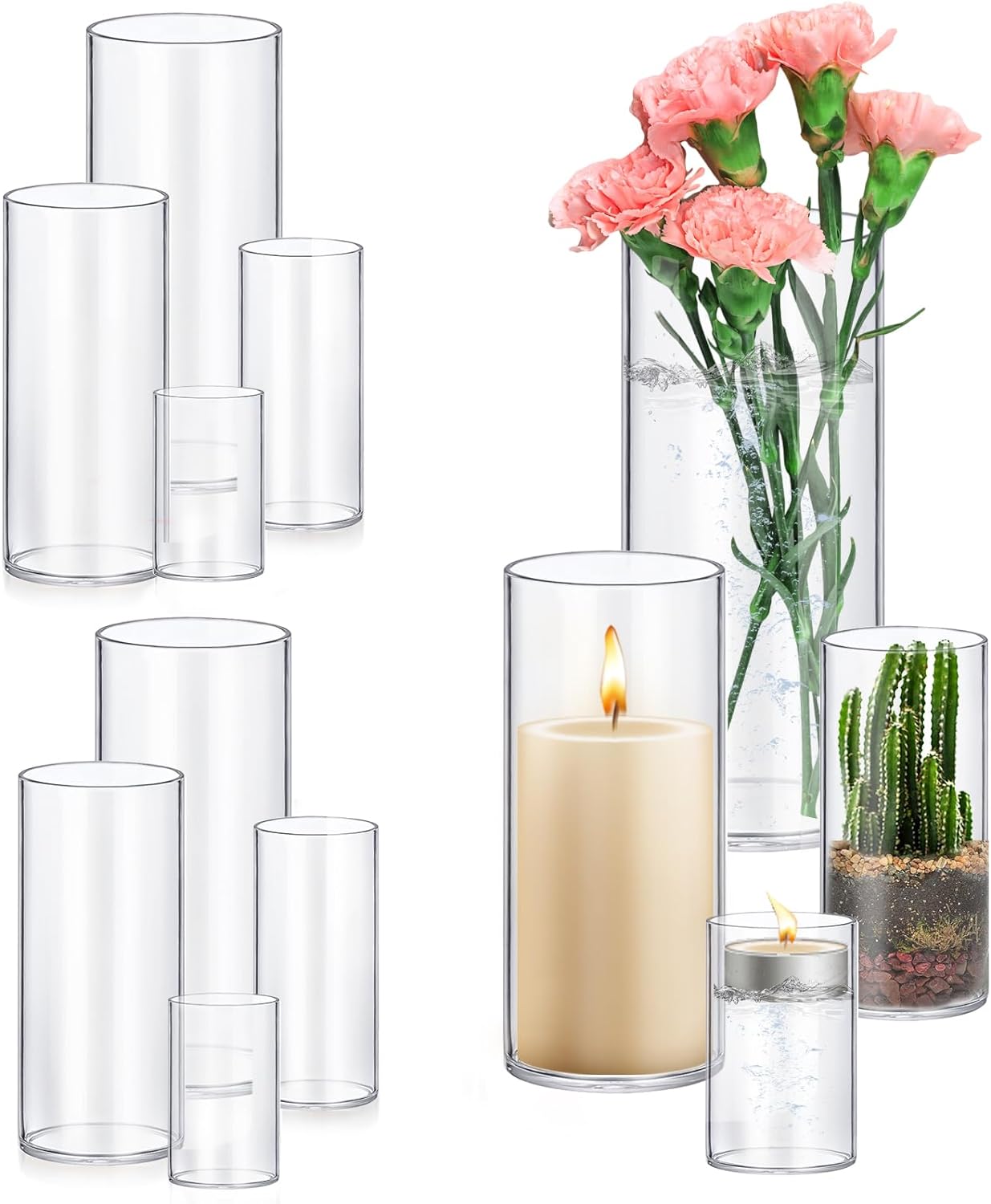 16 Pack Glass Cylinder Vases 4,6,8,10 Inch Tall Clear Flower Vase Hurricane Floating Candle Holder for Table Centerpiece Wedding Home Decor